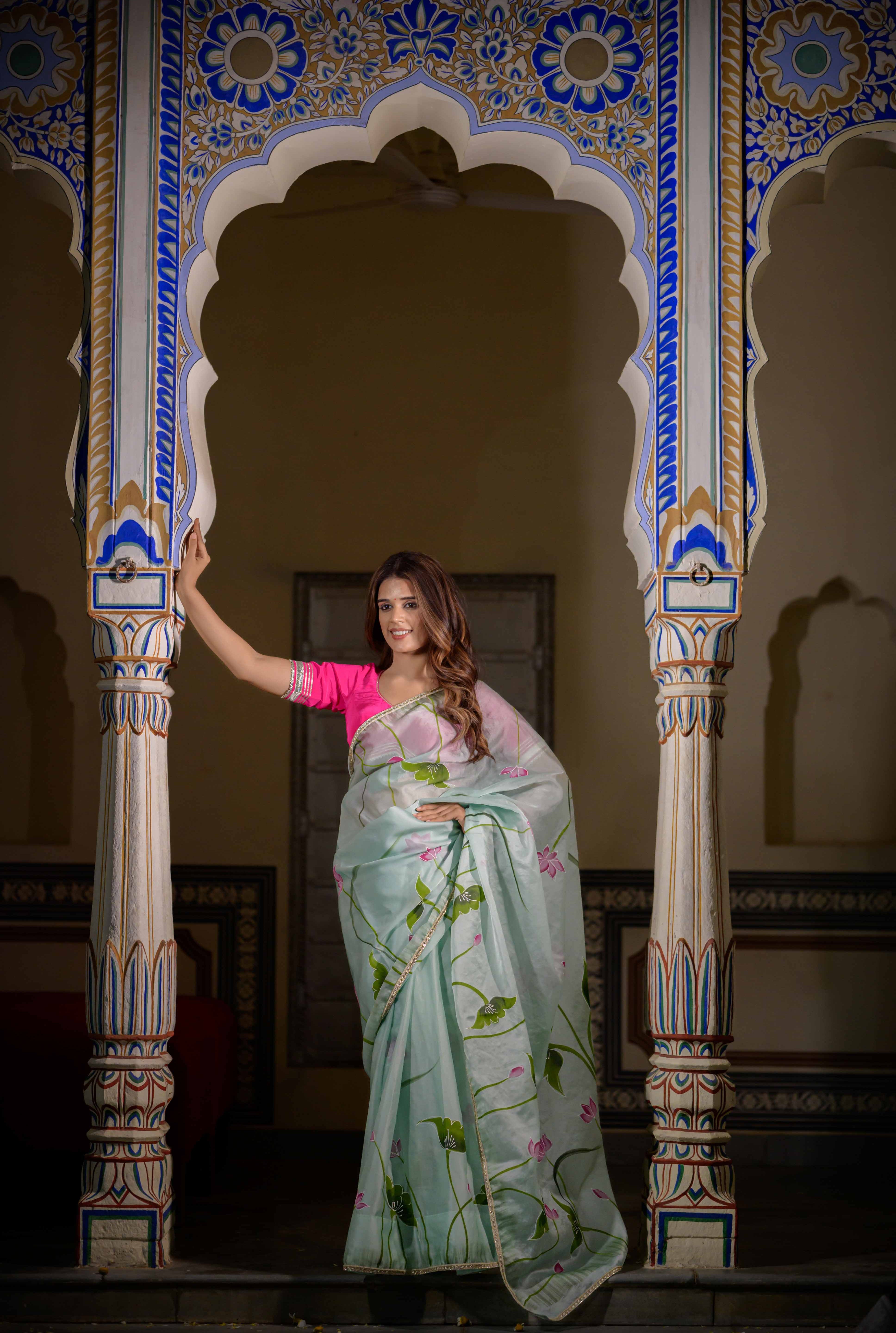 Mint Green Lotus Organza Saree