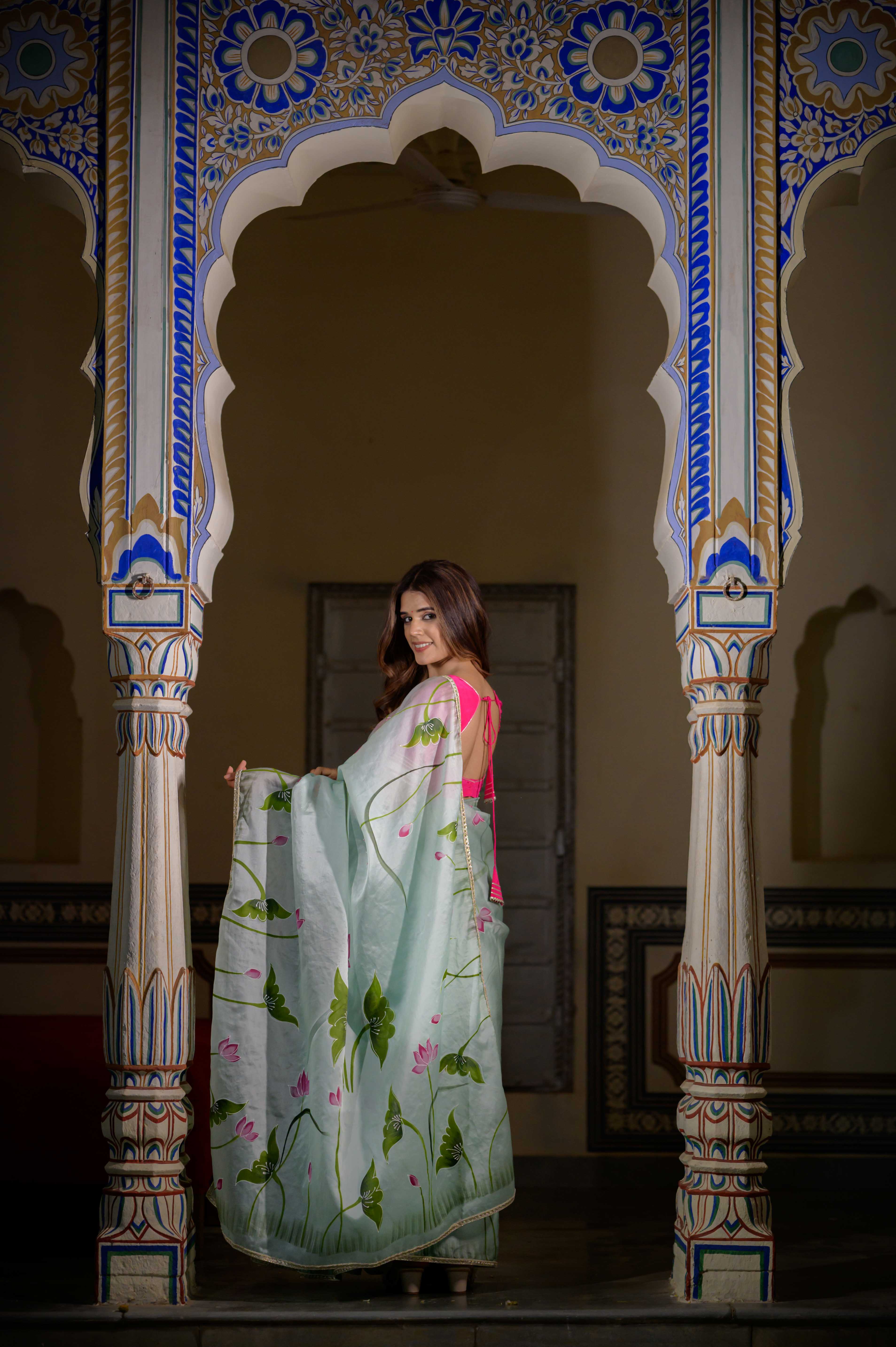 Mint Green Lotus Organza Saree