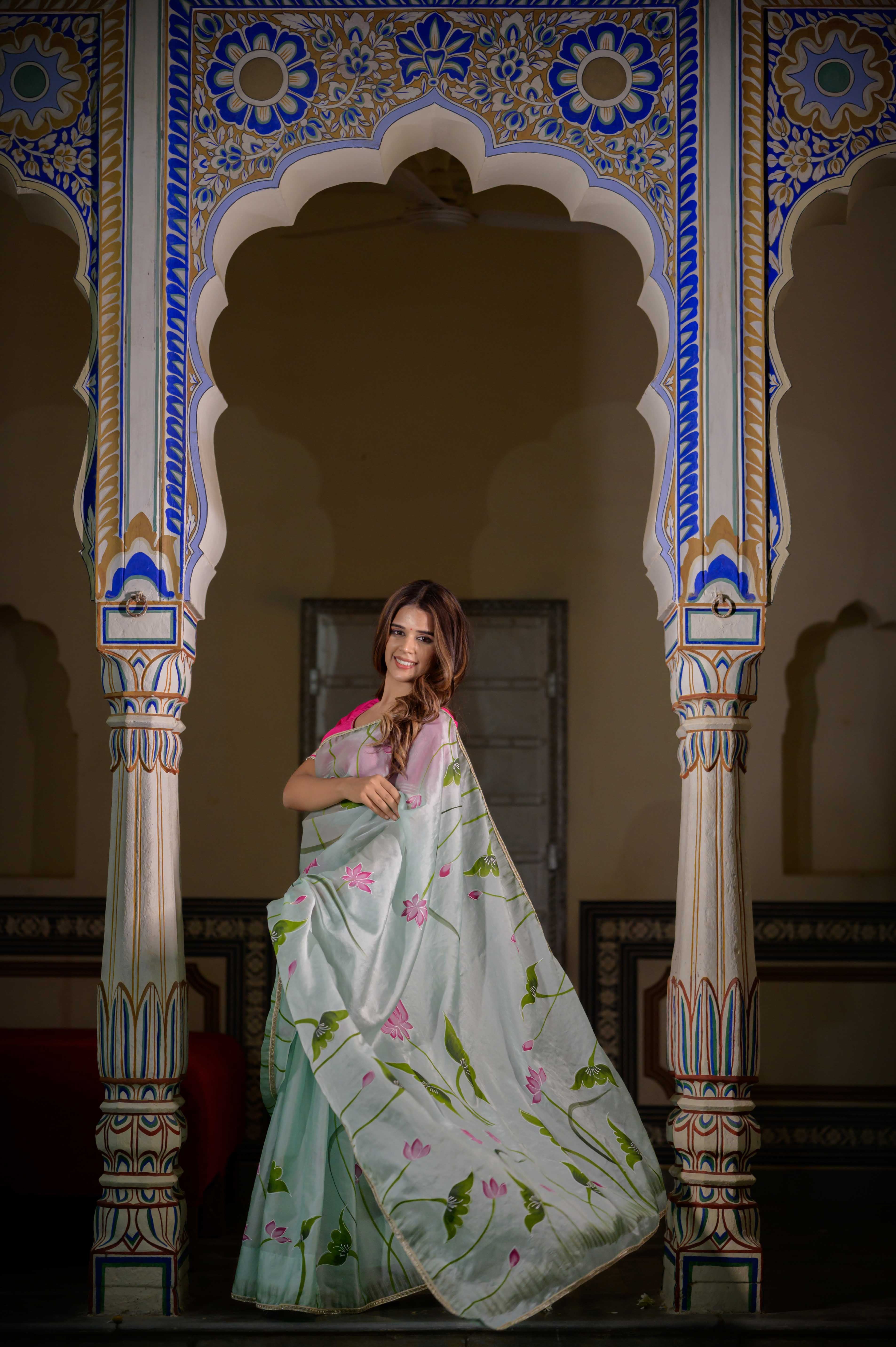 Mint Green Lotus Organza Saree