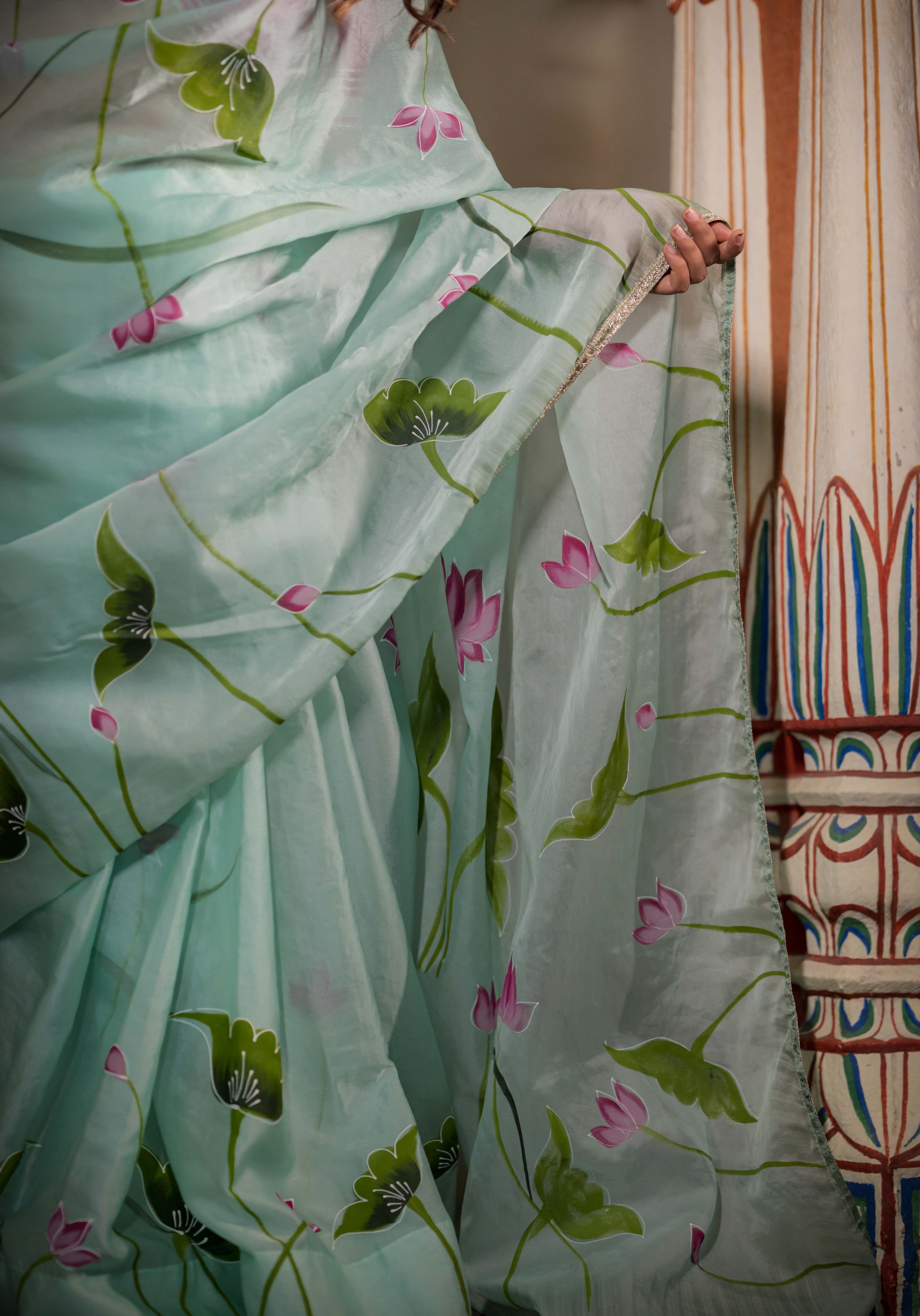 Mint Green Lotus Organza Saree