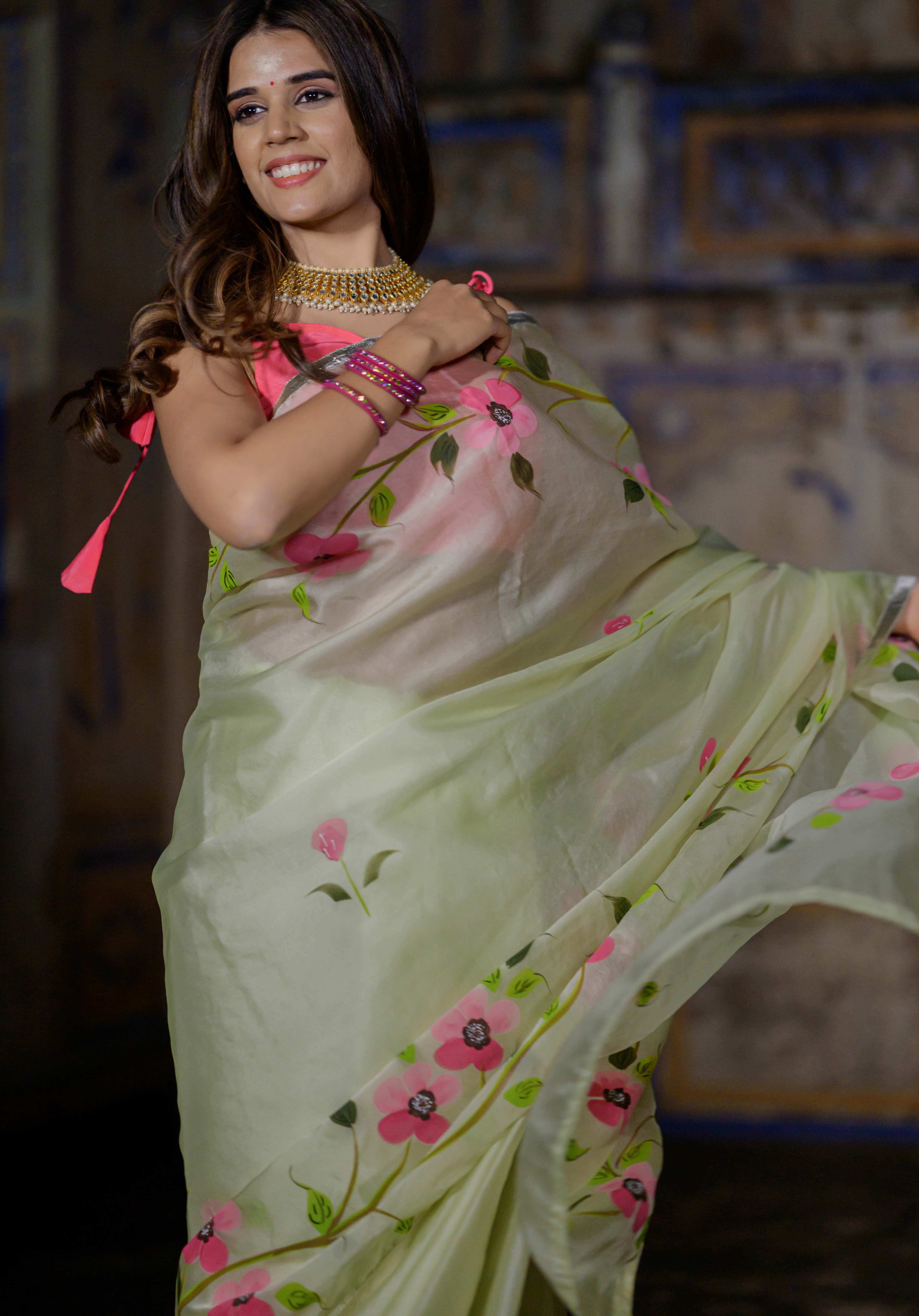 Mint Rose Organza Saree