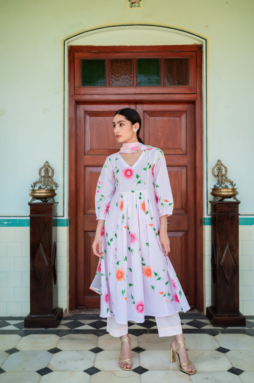 Pink Floral Jaal Hand Painted Suit set