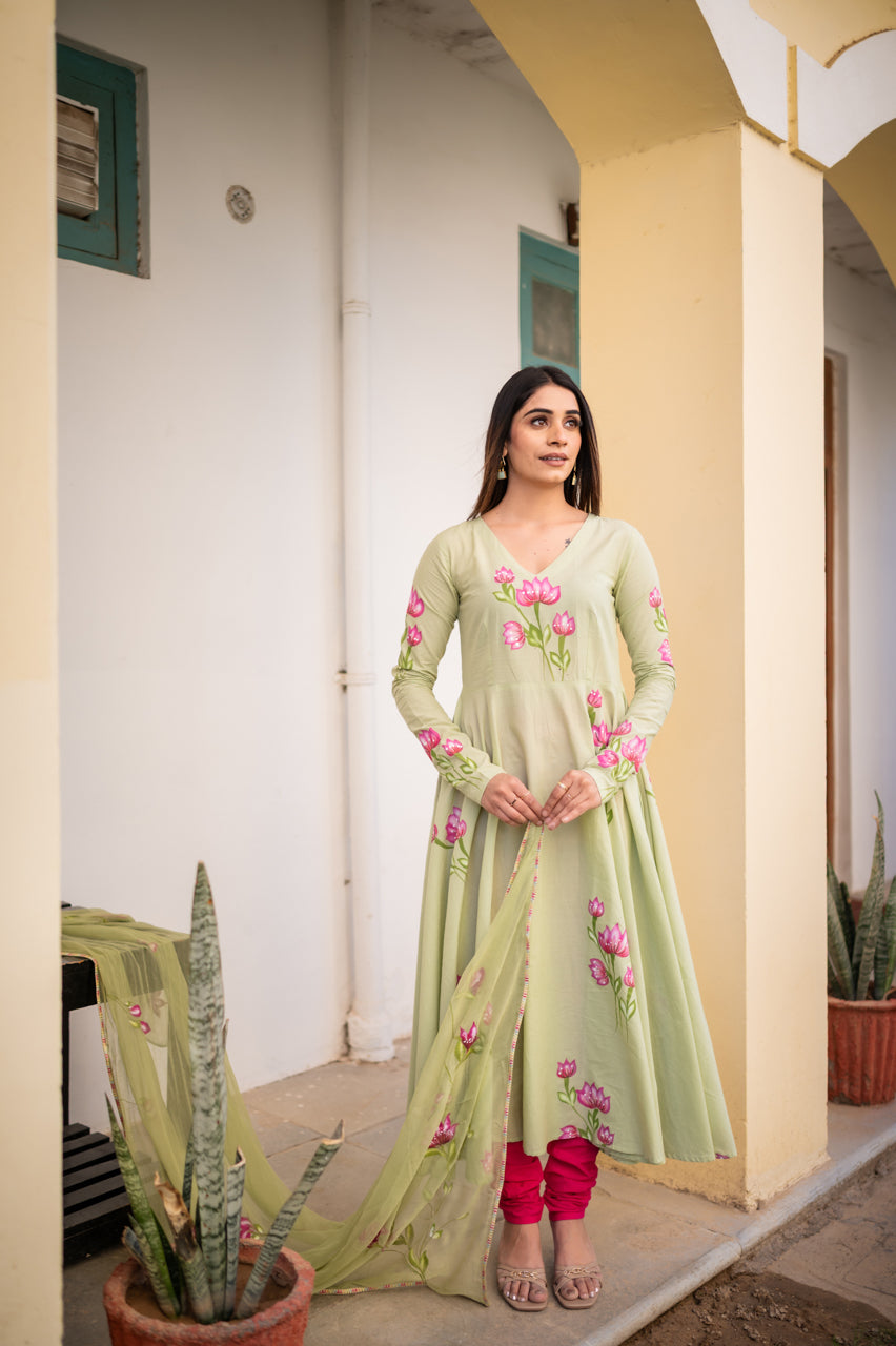 Pavni Green Hand Painted Suit Set