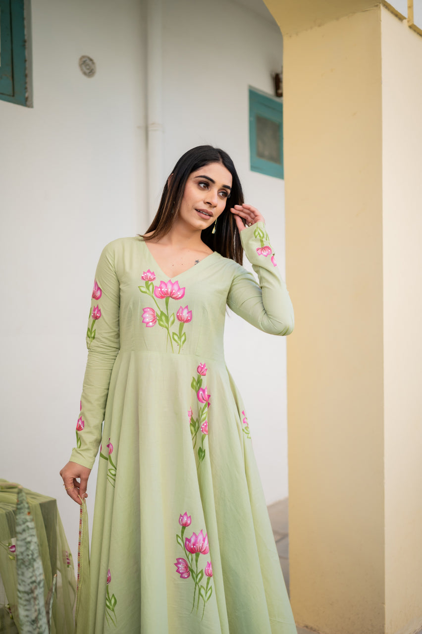 Pavni Green Hand Painted Suit Set