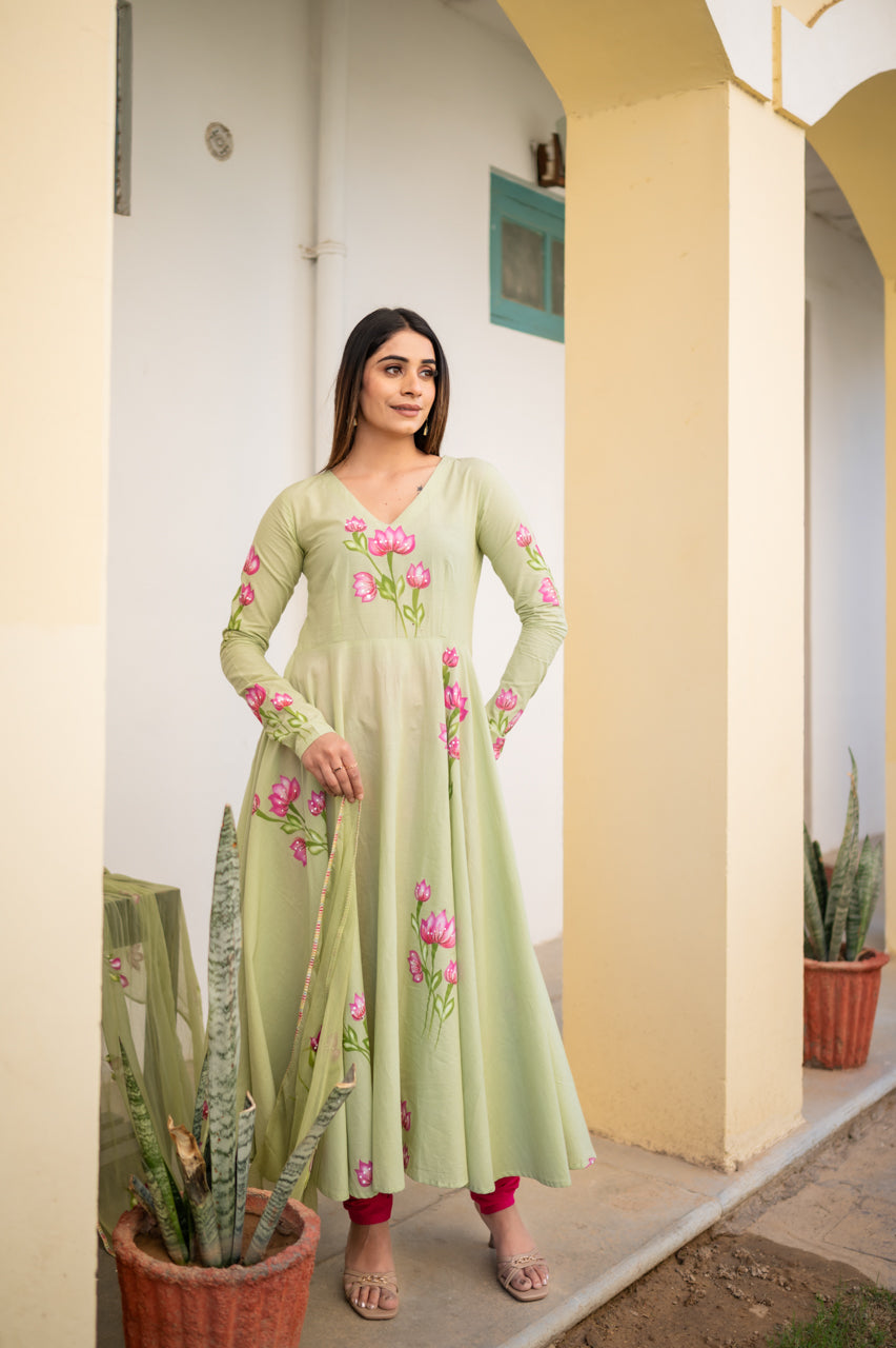 Pavni Green Hand Painted Suit Set