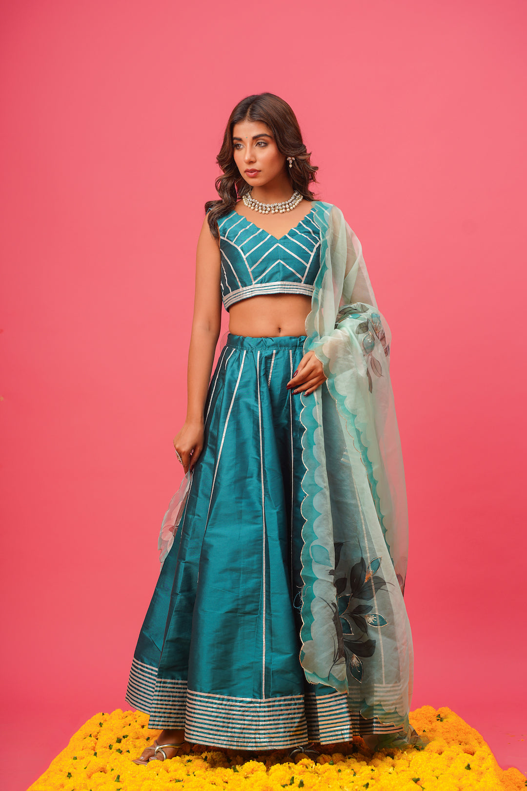 Teel Blue Silk Lehenga Set