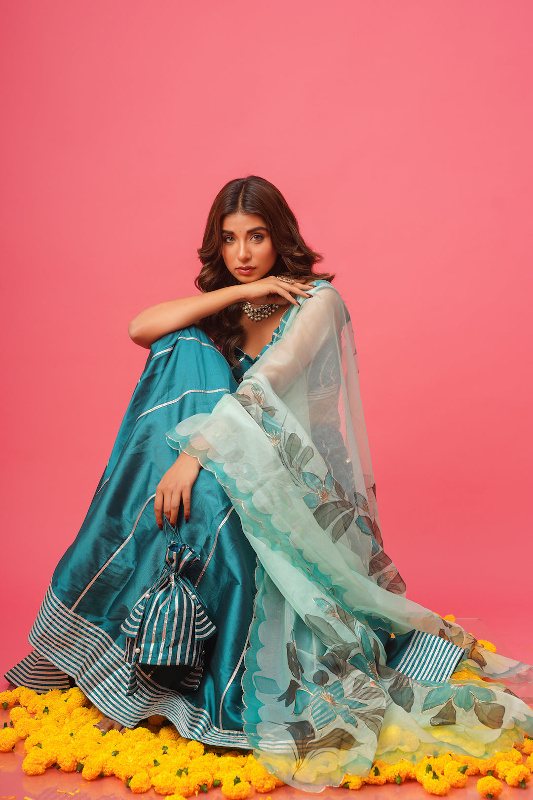 Teel Blue Silk Lehenga Set