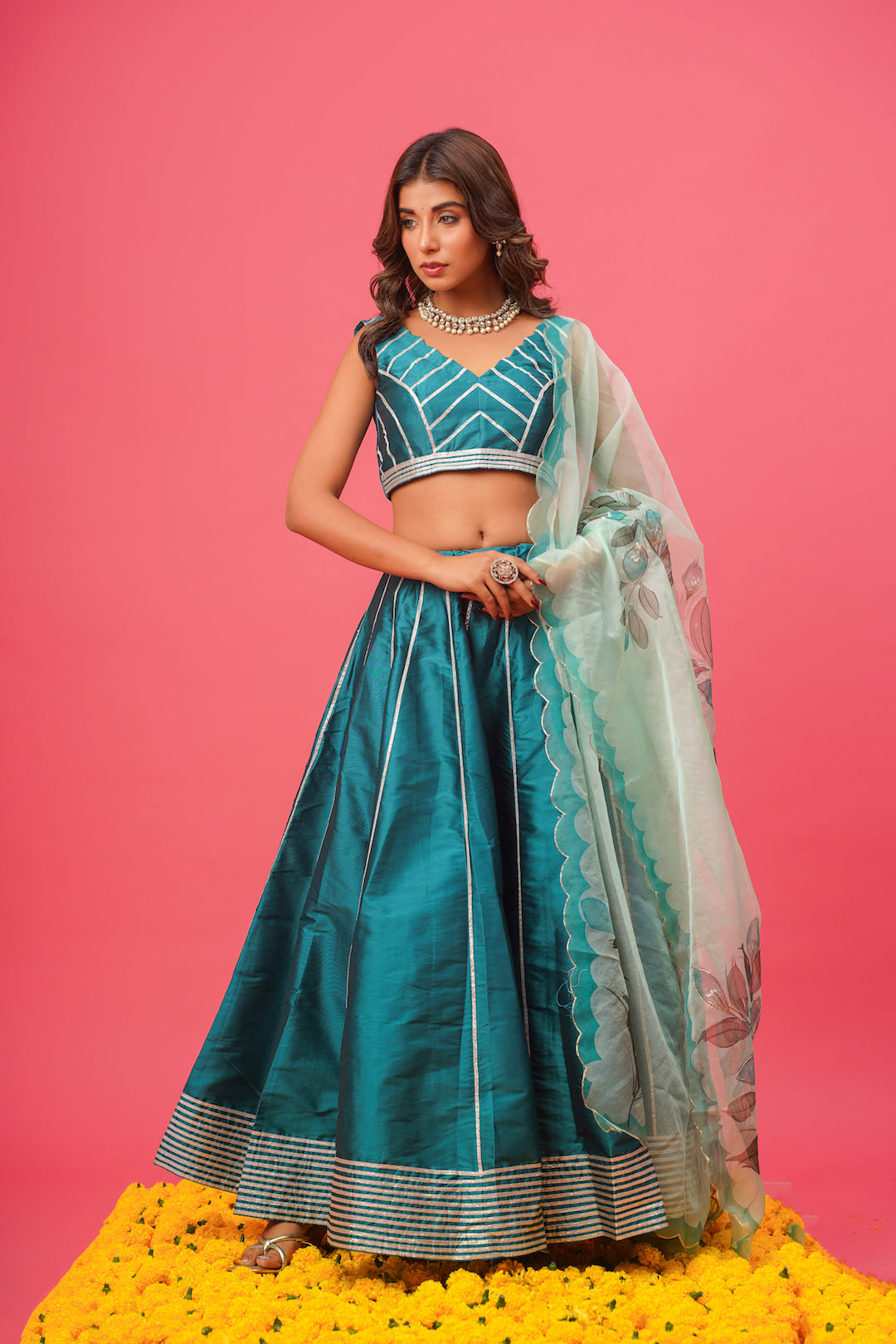 Teel Blue Silk Lehenga Set