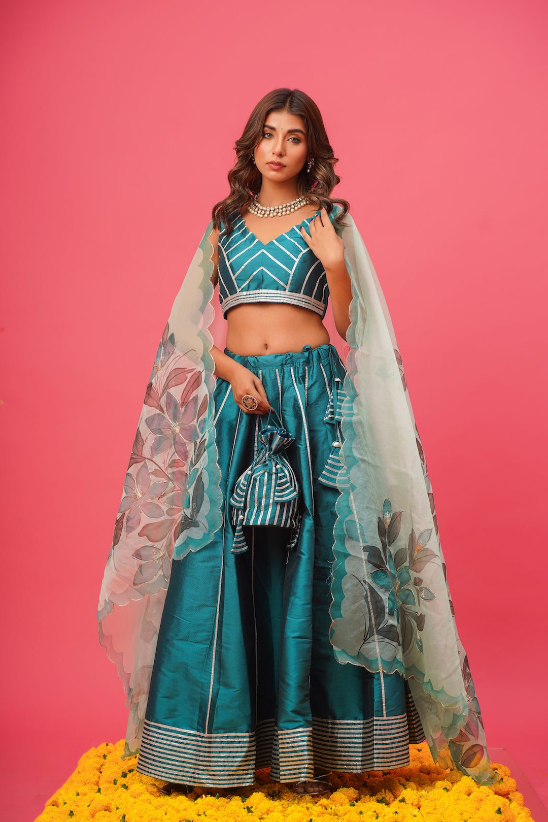 Teel Blue Silk Lehenga Set