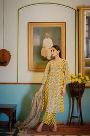 Yellow Pakhi Hand Blocked Suit set