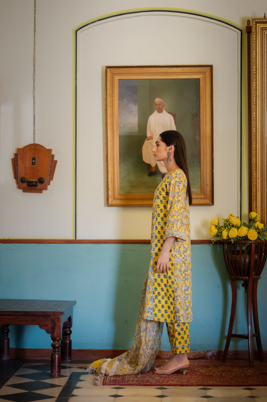 Yellow Pakhi Hand Blocked Suit set