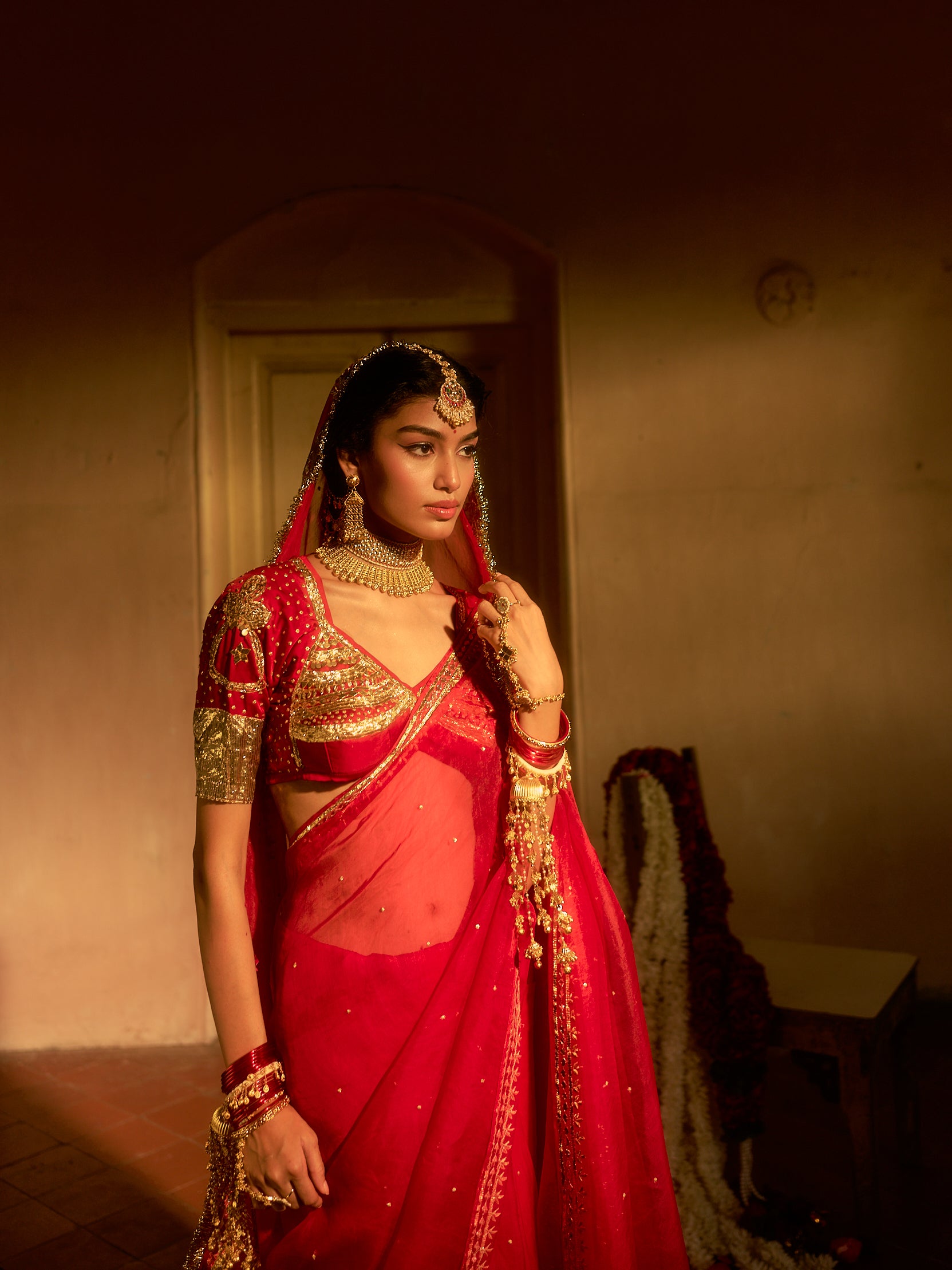 Alternate pose of the Sajani Saree Aangi Set showcasing bridal-inspired craftsmanship, vintage detailing and graceful festive styling by House of Baisa