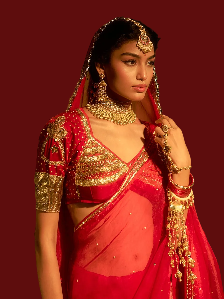 Sajani Aangi featuring pure copper Gota craftsmanship with vintage Kalash motifs and intricate sequin detailing by House of Baisa