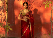 Kumud Bandhej Aangi Saree Set in pure organza and georgette with handcrafted Bandhani artistry by House of Baisa