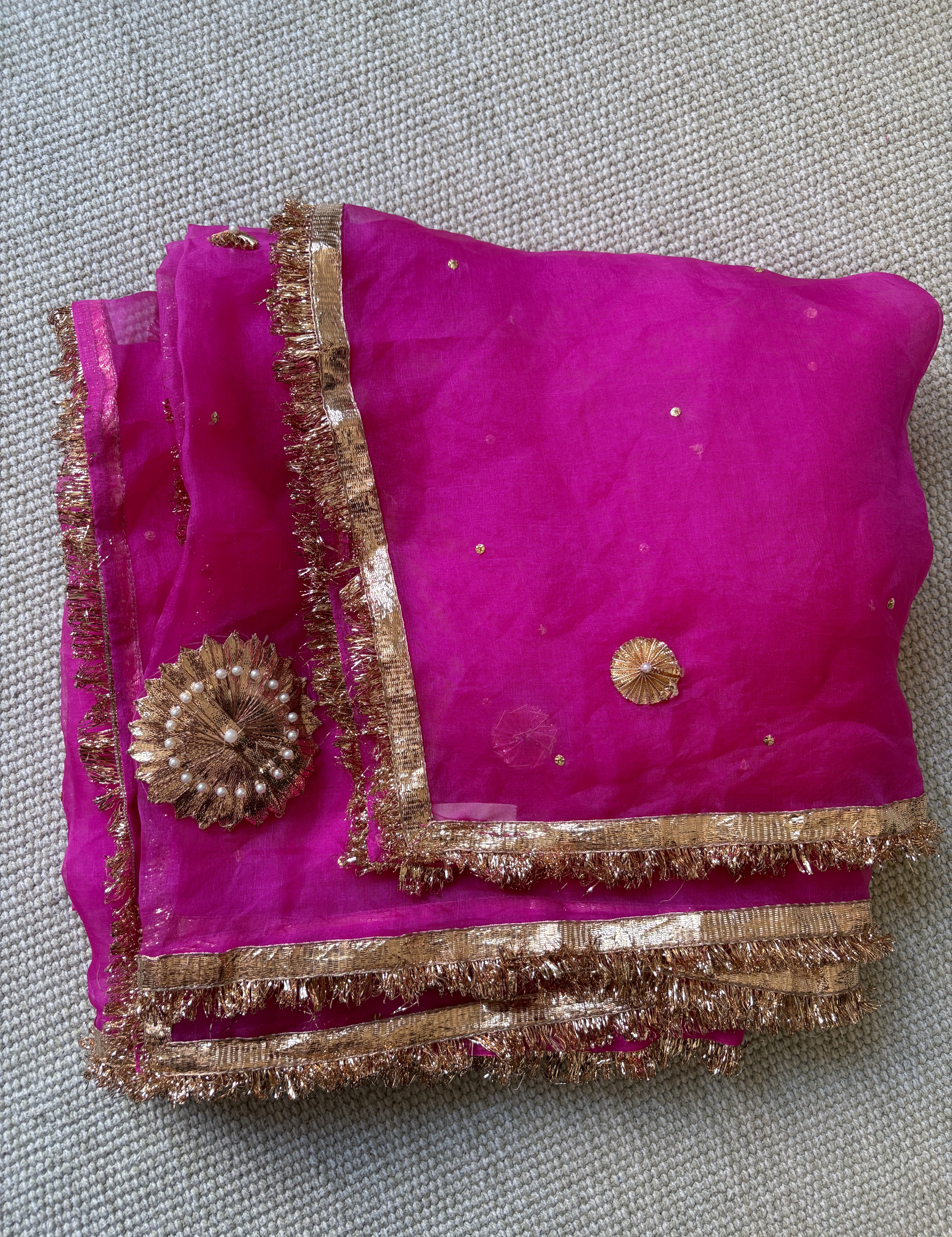 Kadambari pink pure organza dupatta with hand embroidered Gota work