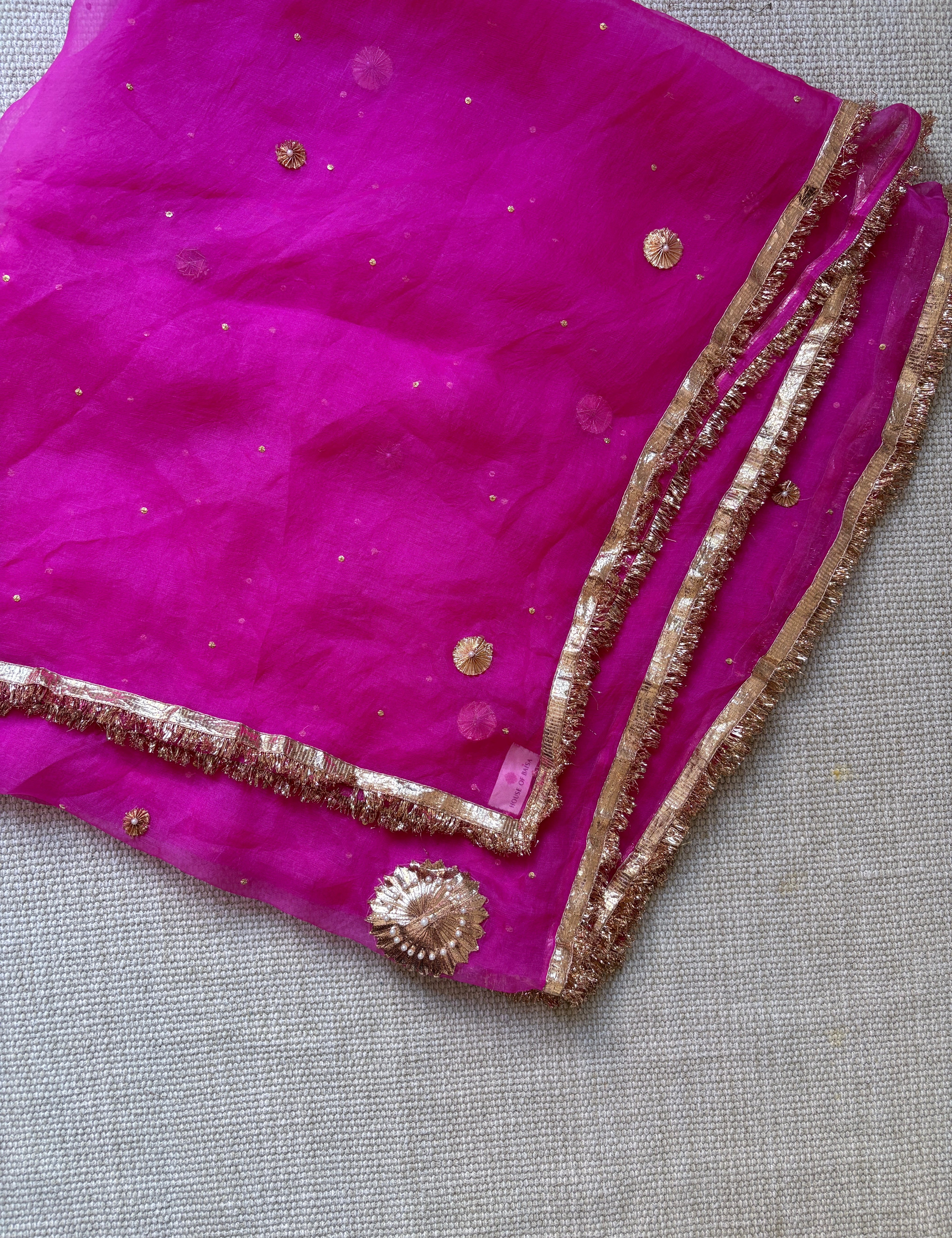 Kadambari pink organza dupatta with copper Gota and Kiran lace border