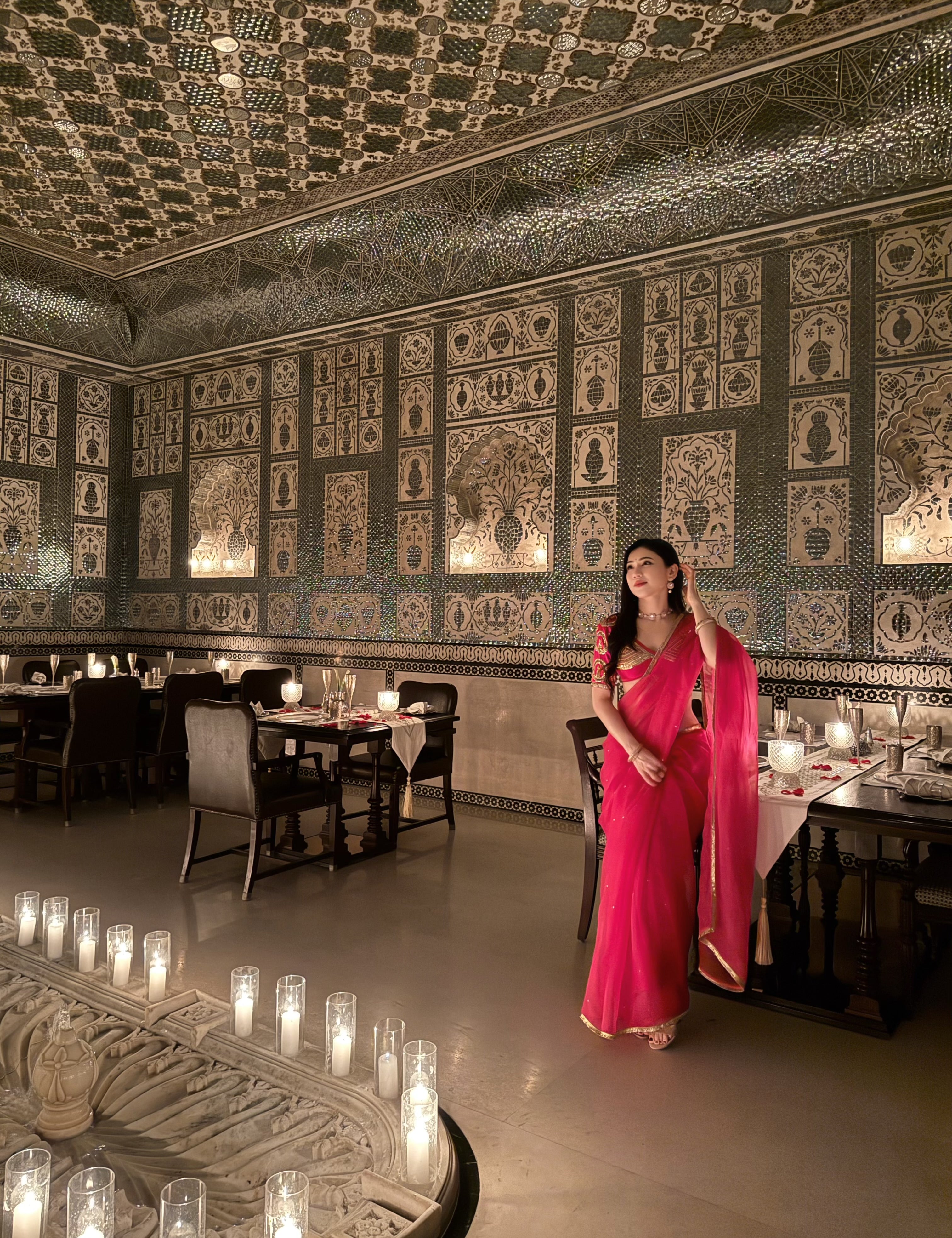 Woman wearing Kalyani Pink Saree Aangi Set by House of Baisa