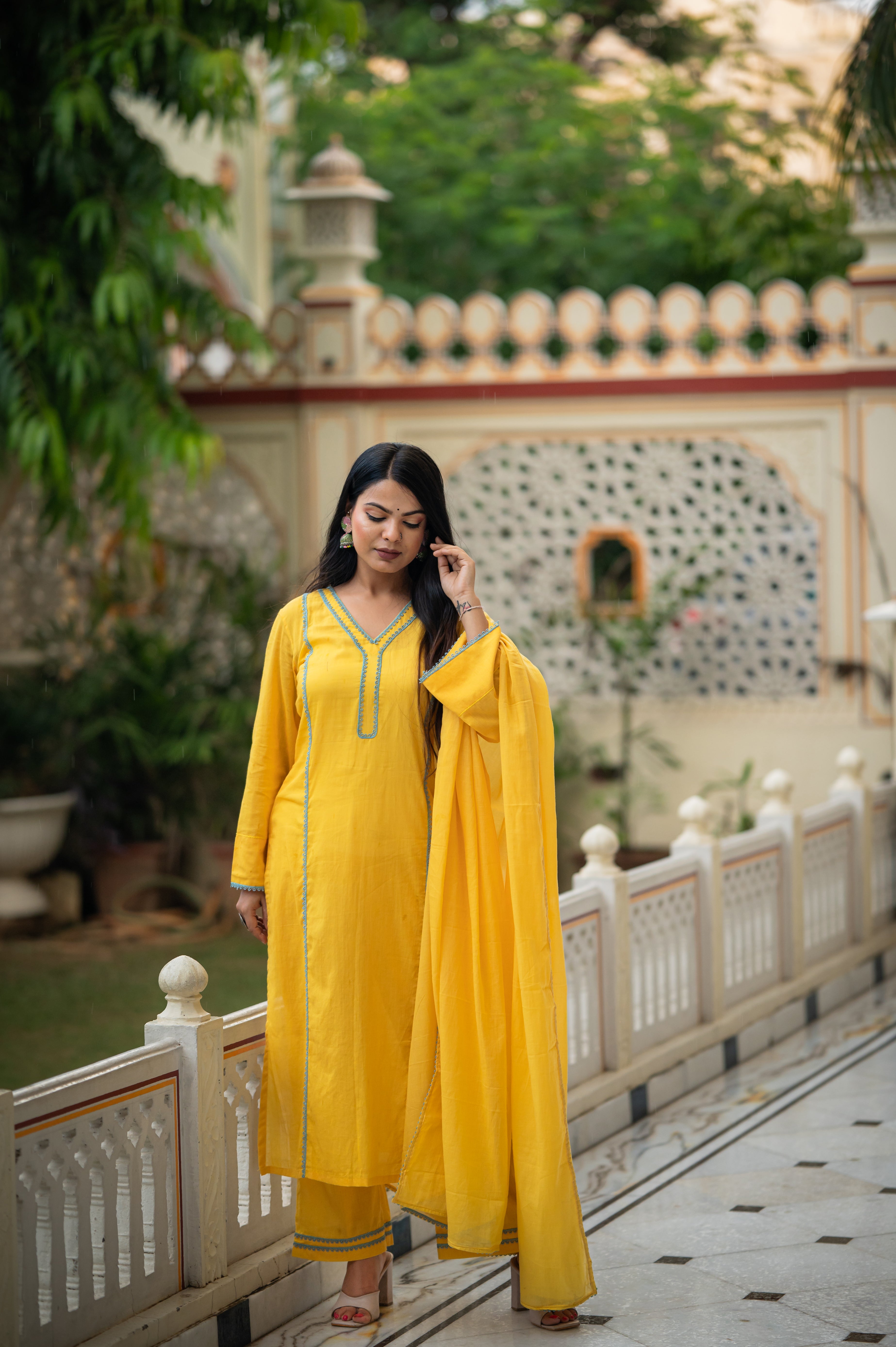 Keerat Yellow Laced Mulmul Suit Set