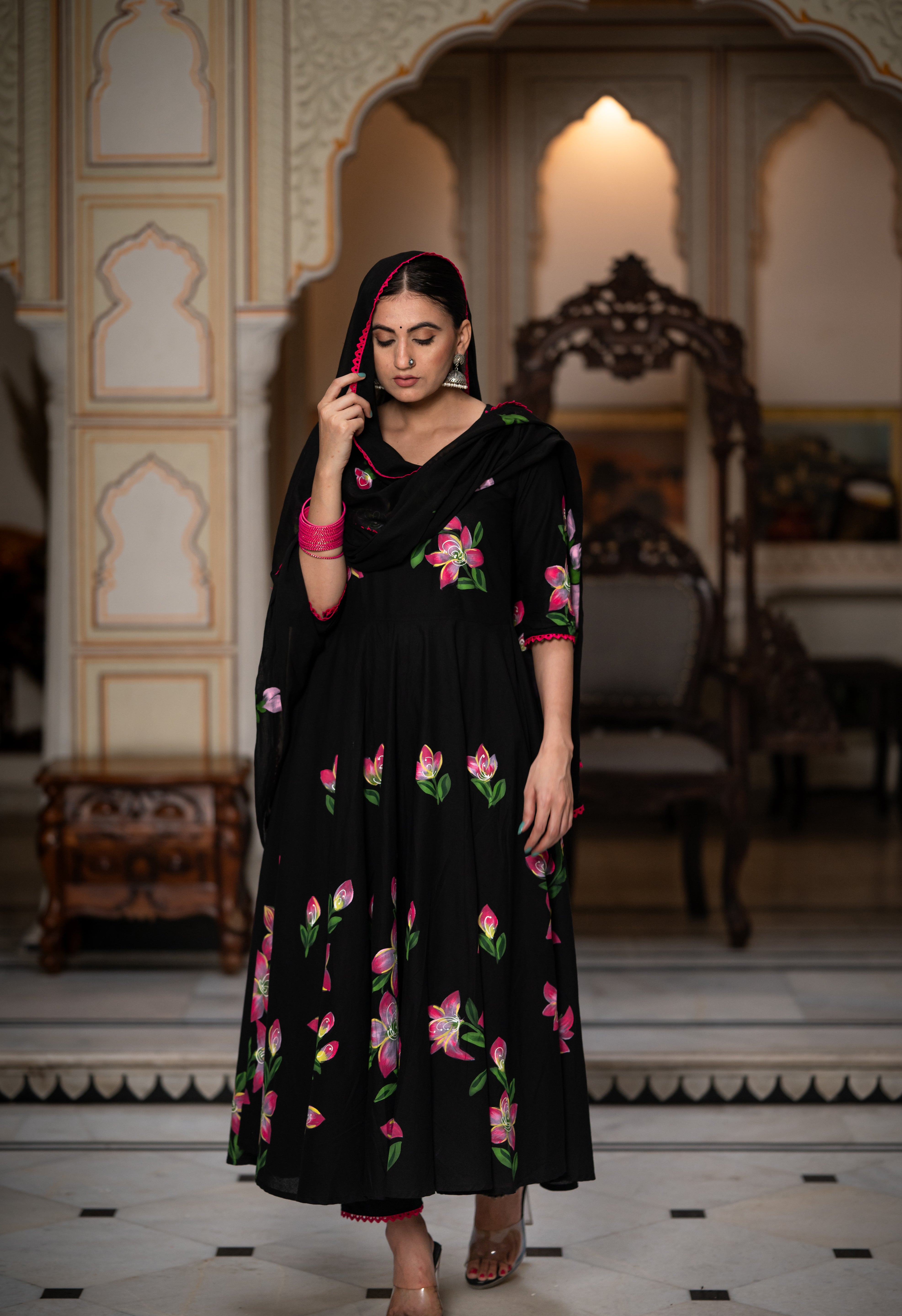 Najakat Black  Hand Painted Cotton Suit Set