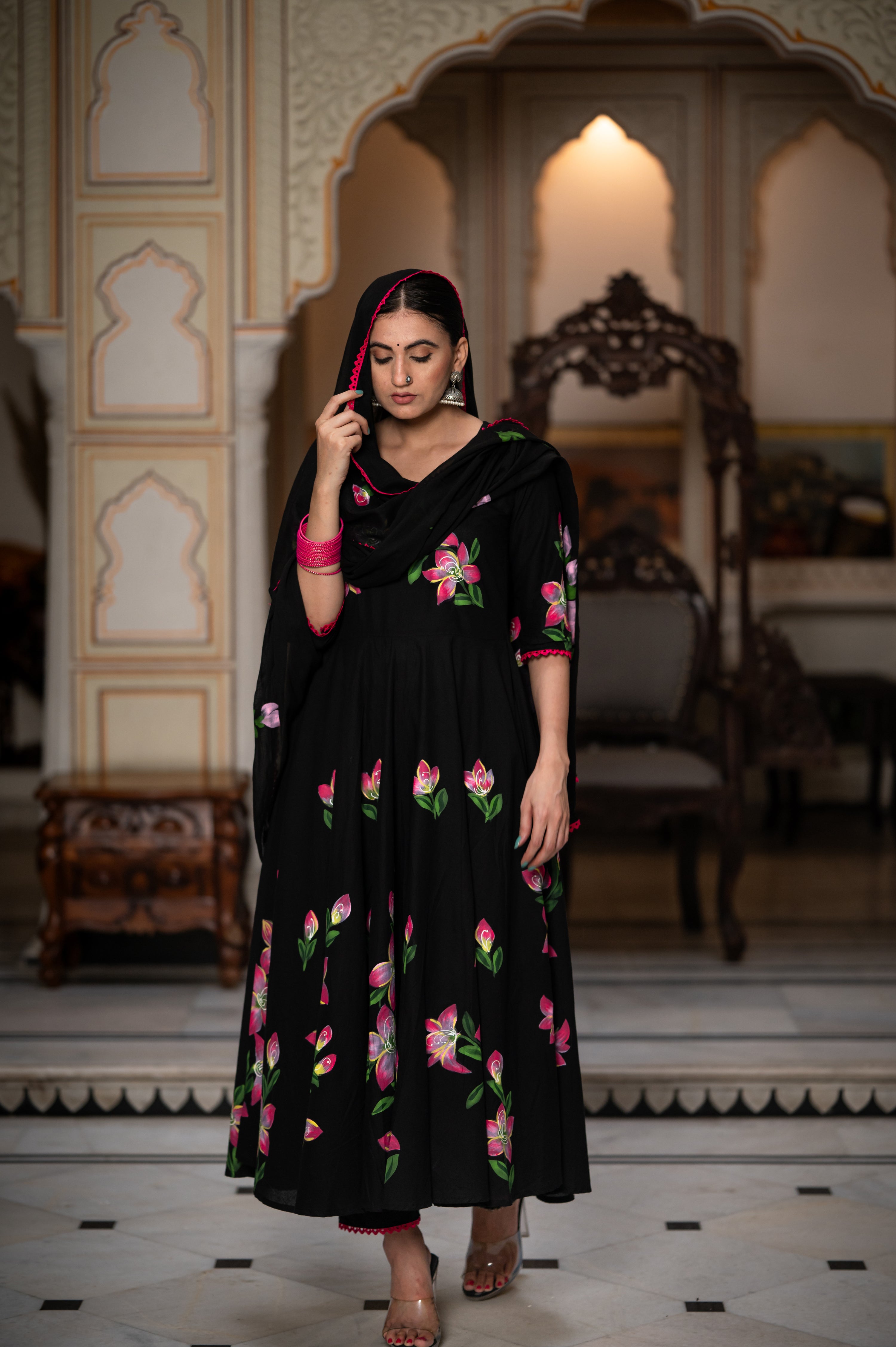 Najakat Black  Hand Painted Cotton Suit Set