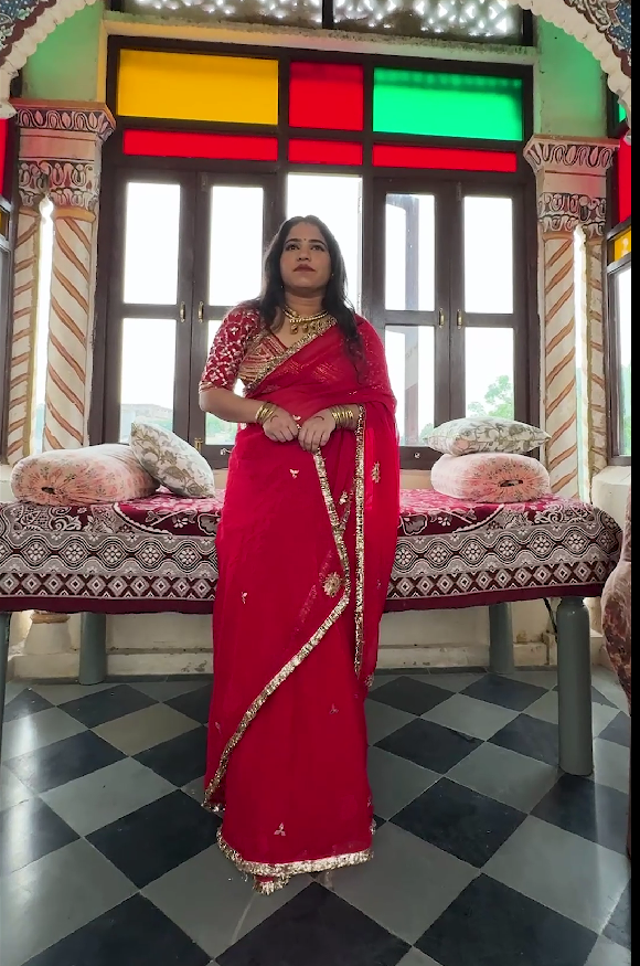 Diya Red Hand Embroidered Organza Saree