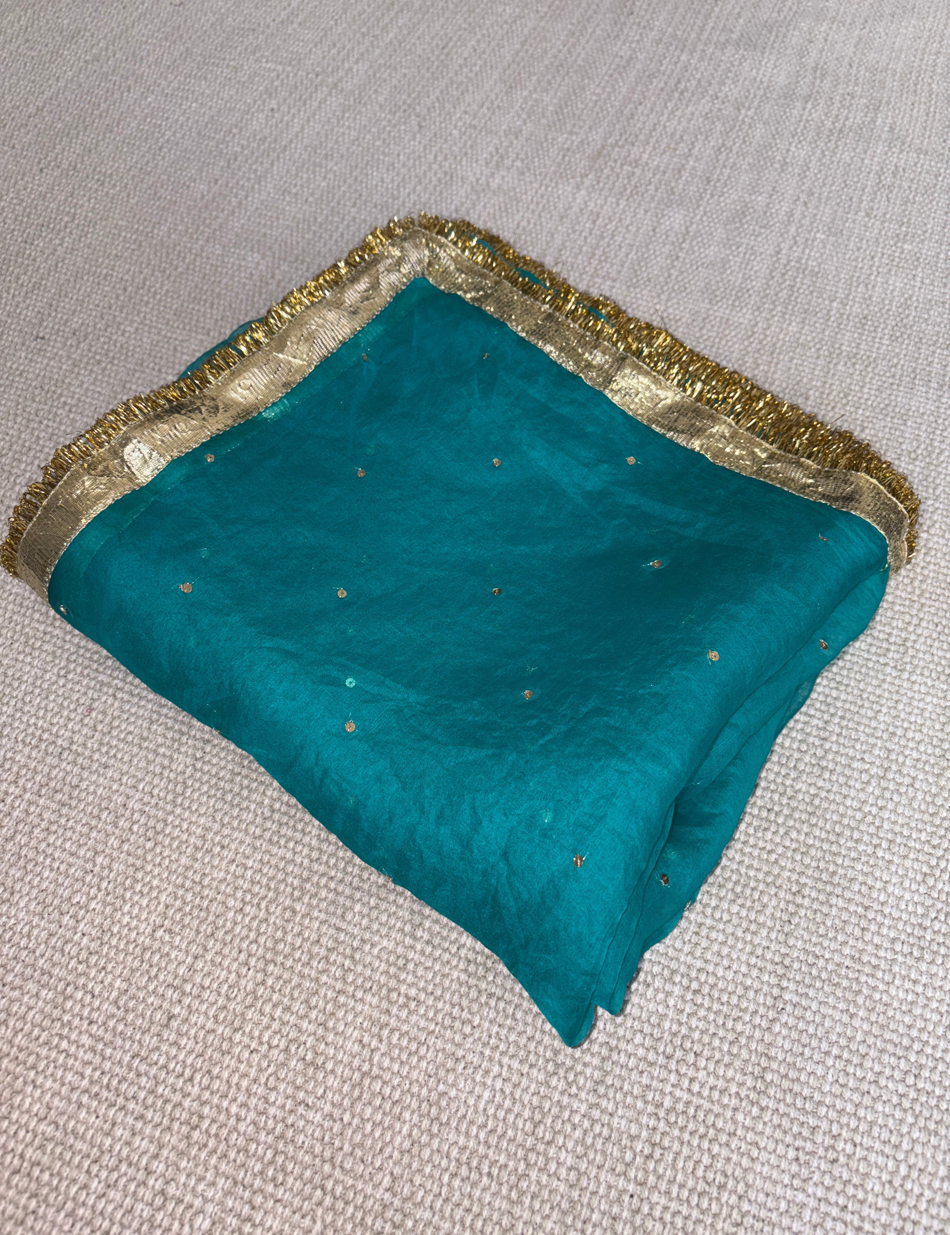 Sea green pure organza Gota dupatta with hand-stitched sequins and copper Kiran lace border
