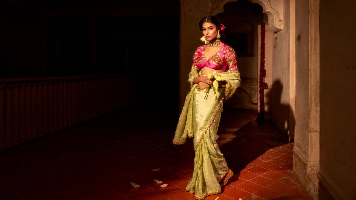 Women in hand-worked Gota Patti Aangi blouses and organza sarees by House of Baisa