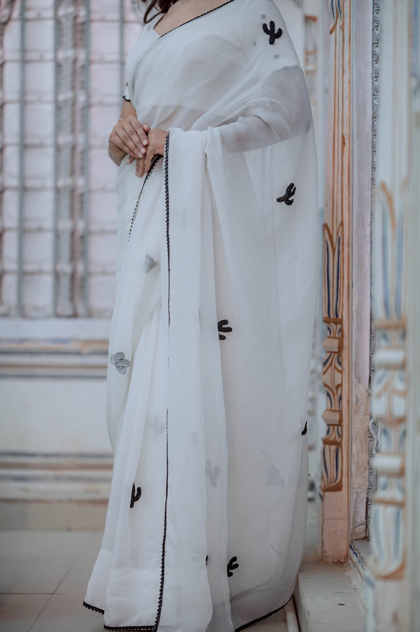 Black Cactus Organza Saree - House of Baisa