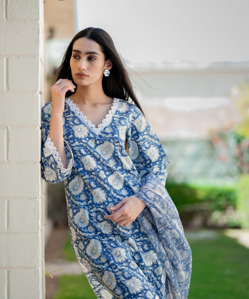 Blue Hand Blocked Printed Suit set - House of Baisa