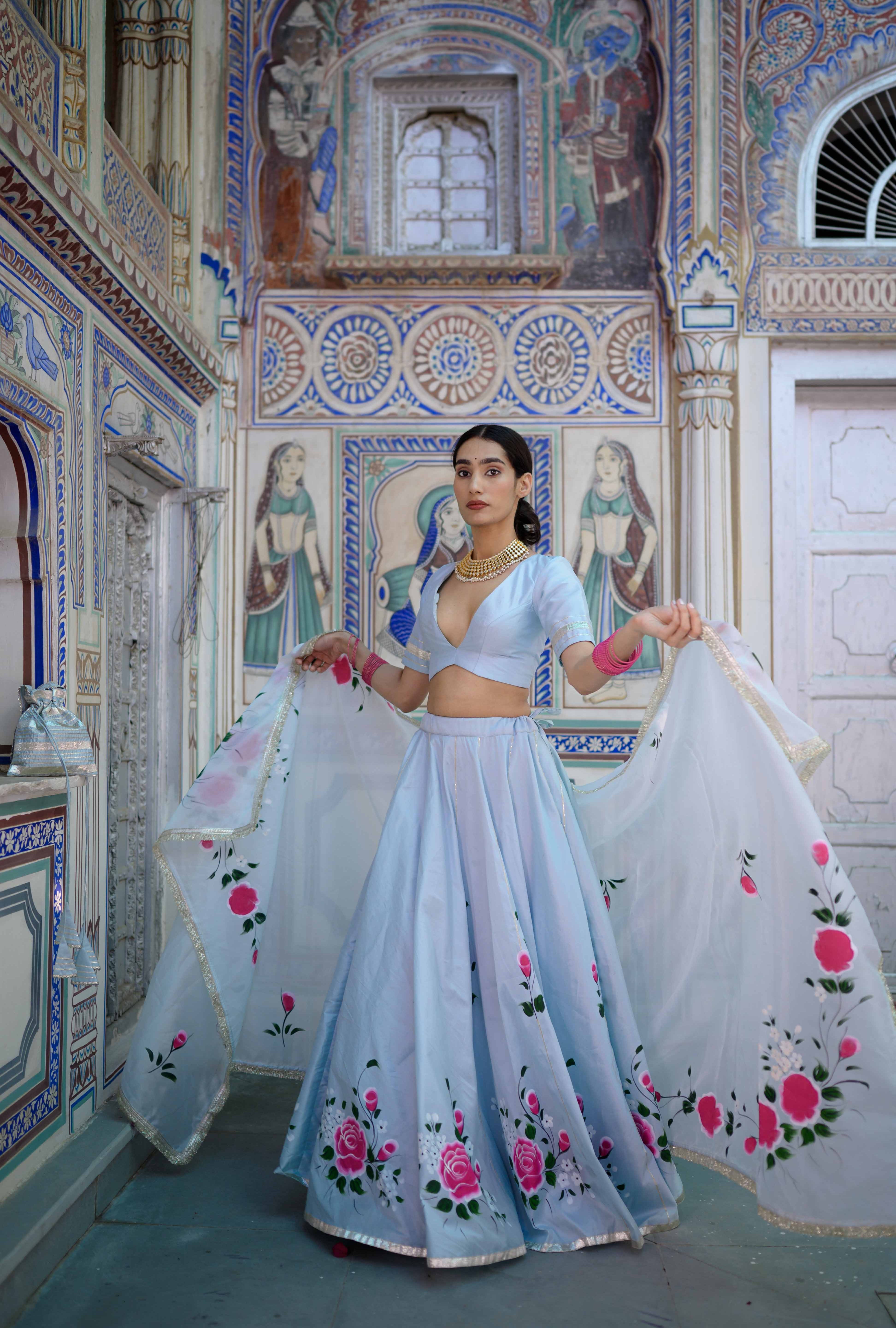 Back view of blue lehenga blouse design
