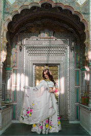 Elegant bridal white lehenga with red organza dupatta

