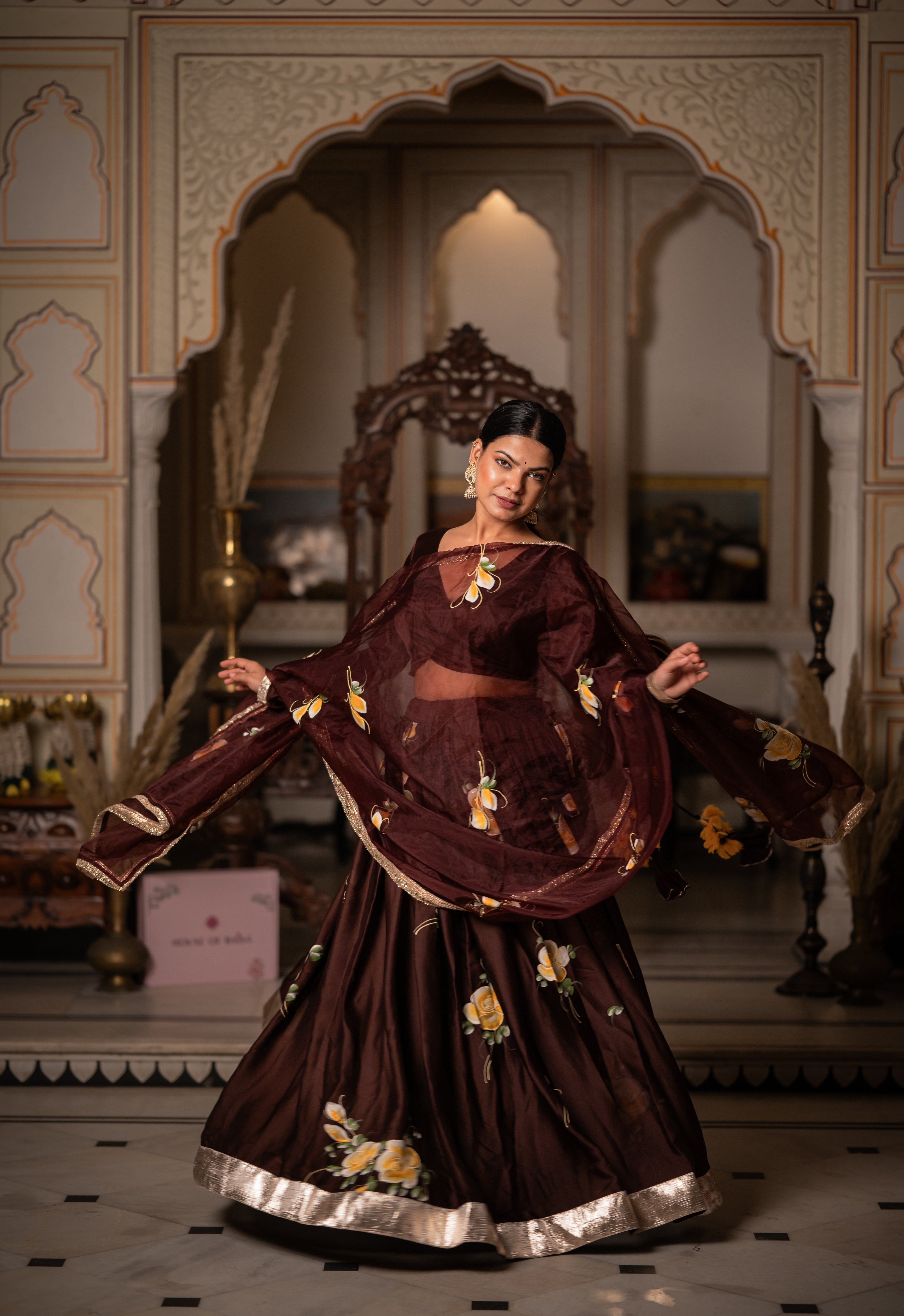  brown lehenga choli with handcrafted floral