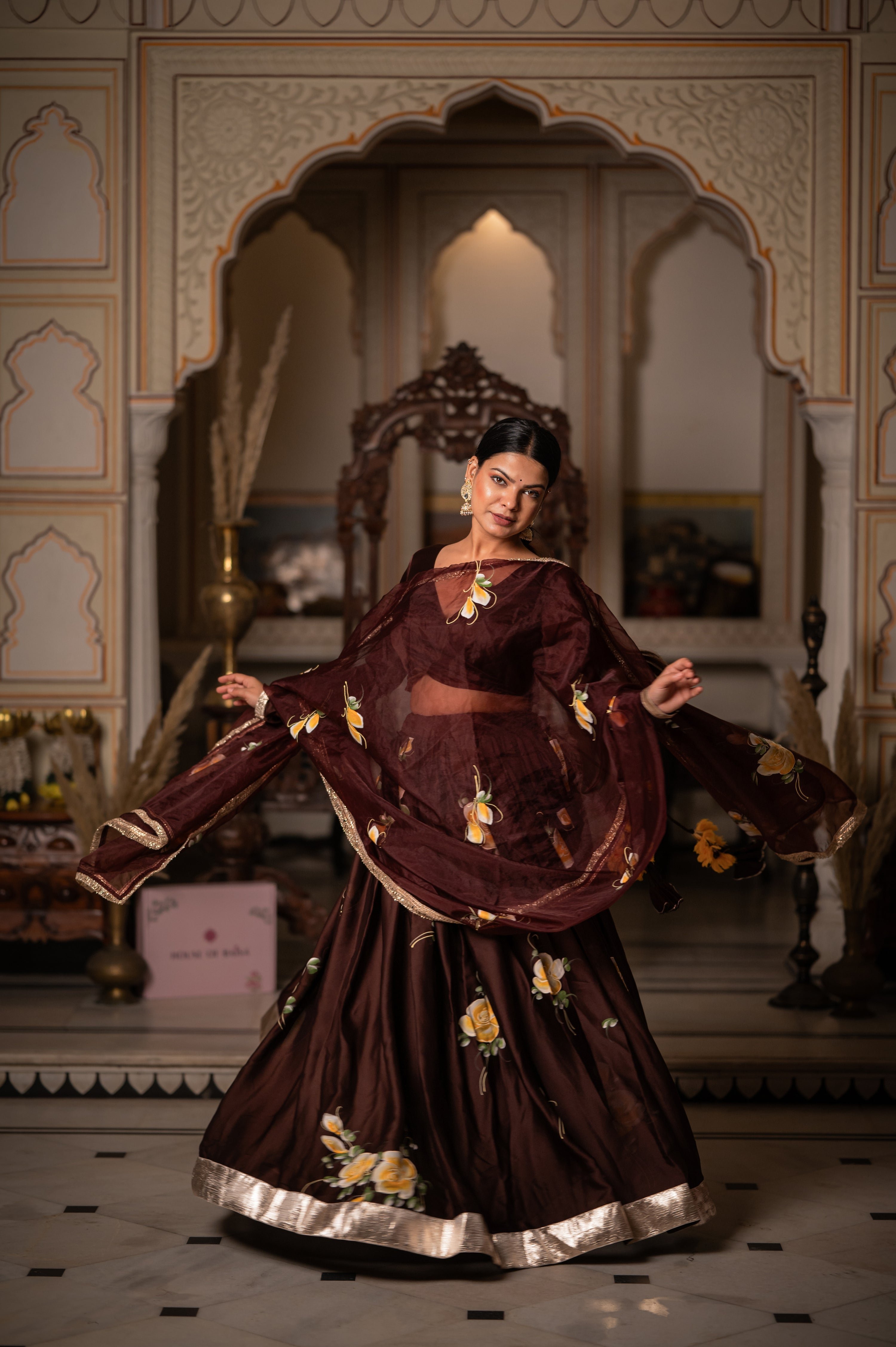  brown lehenga choli with handcrafted floral