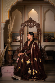 Hand-painted brown lehenga set with floral satin design for women