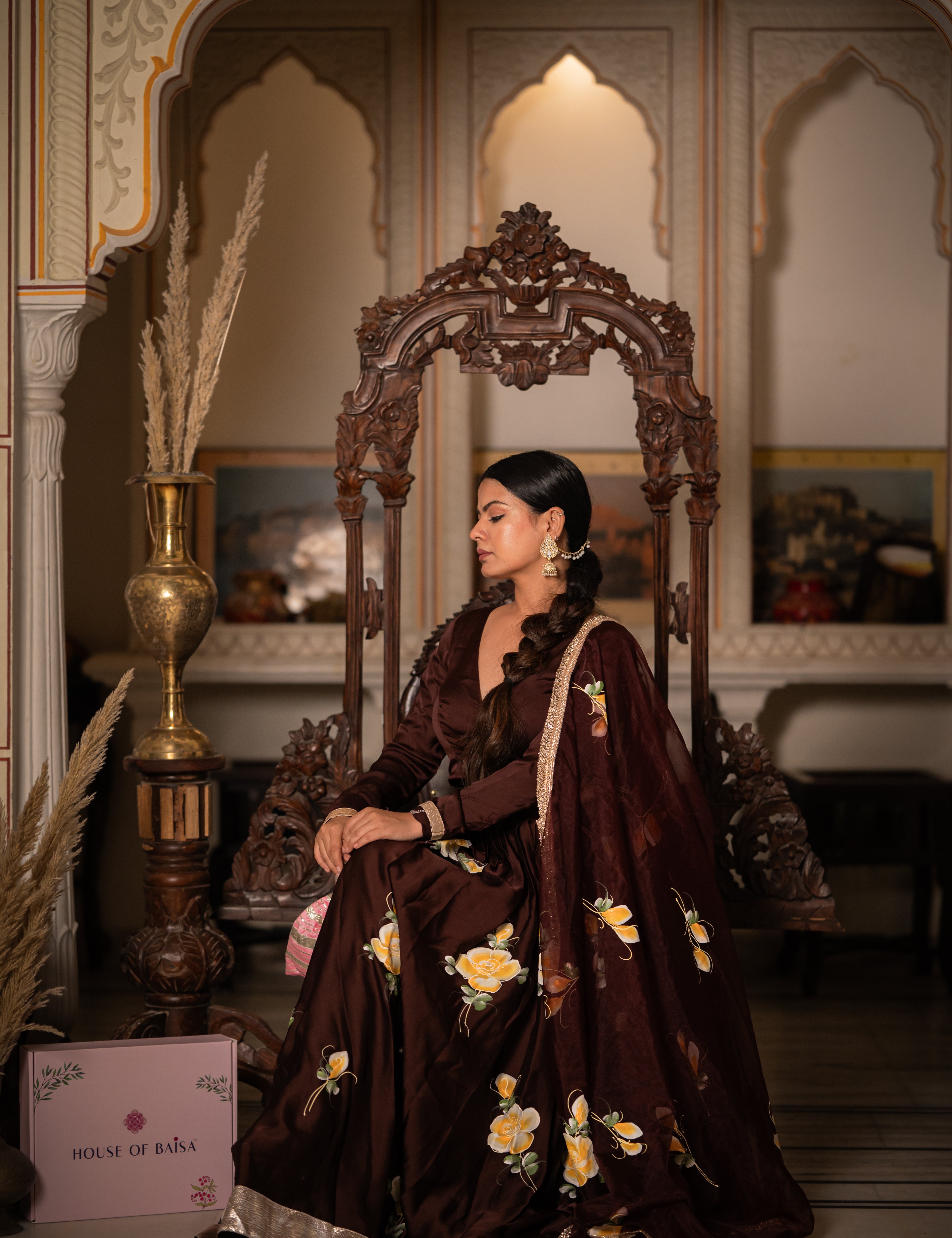 Hand-painted brown lehenga set with floral satin design for women