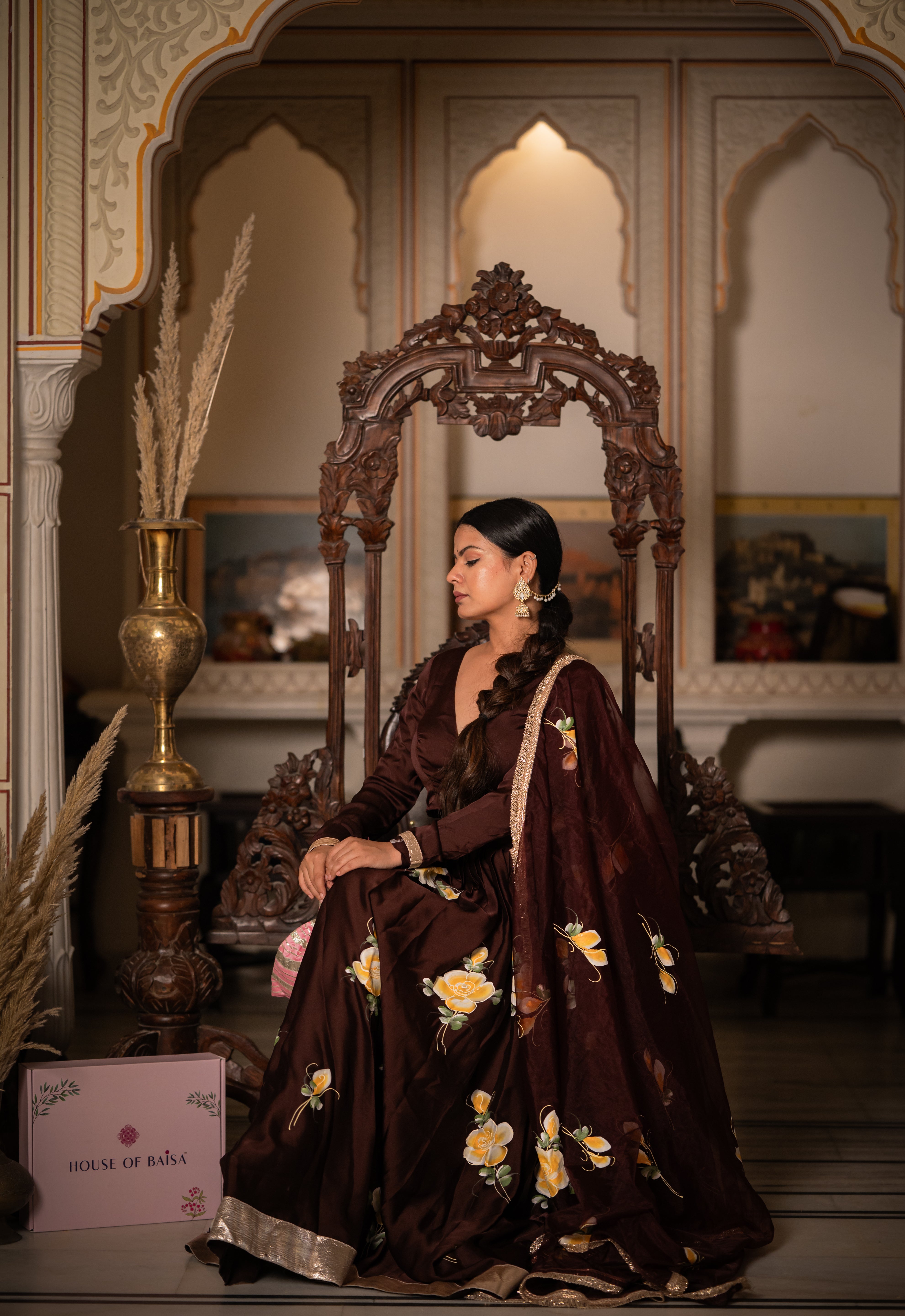 Hand-painted brown lehenga set with floral satin design for women