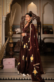 Elegant brown satin lehenga with contrast dupatta – festive ethnic wear