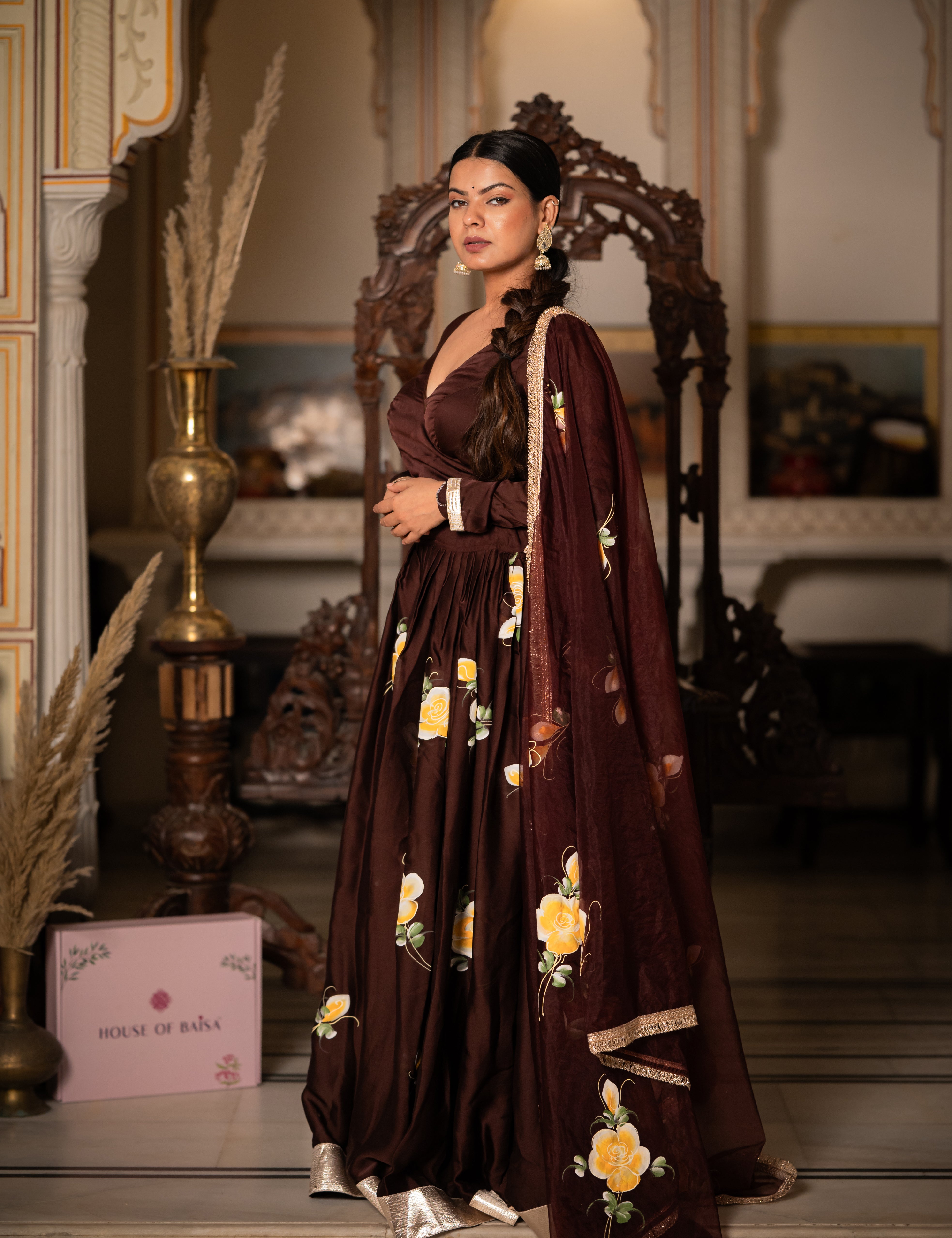 Elegant brown satin lehenga with contrast dupatta – festive ethnic wear