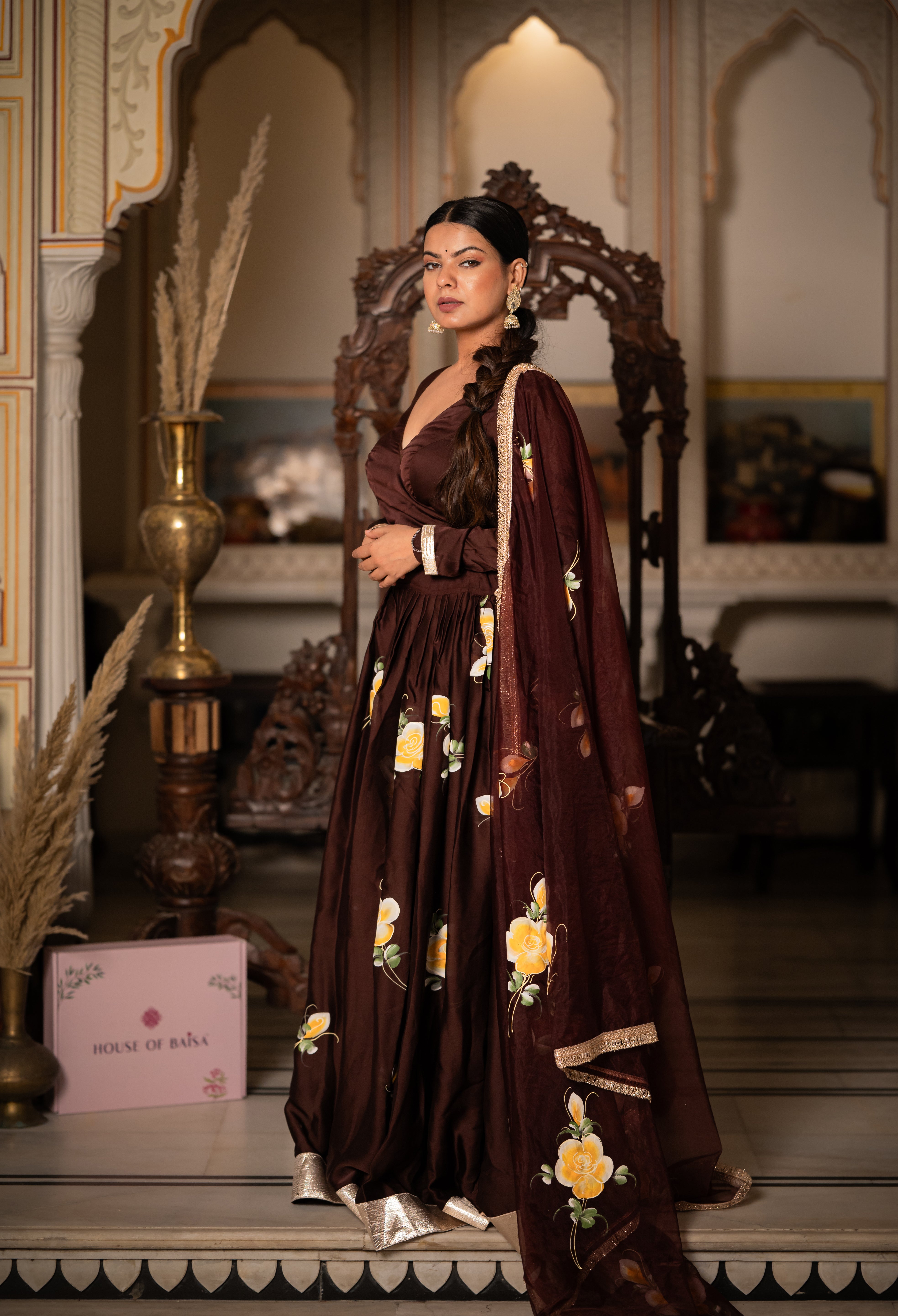 Elegant brown satin lehenga with contrast dupatta – festive ethnic wear