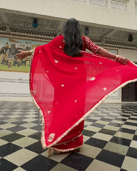 Diya Red Hand Embroidered Organza Saree - House of Baisa