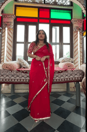 Diya Red Hand Embroidered Organza Saree - House of Baisa