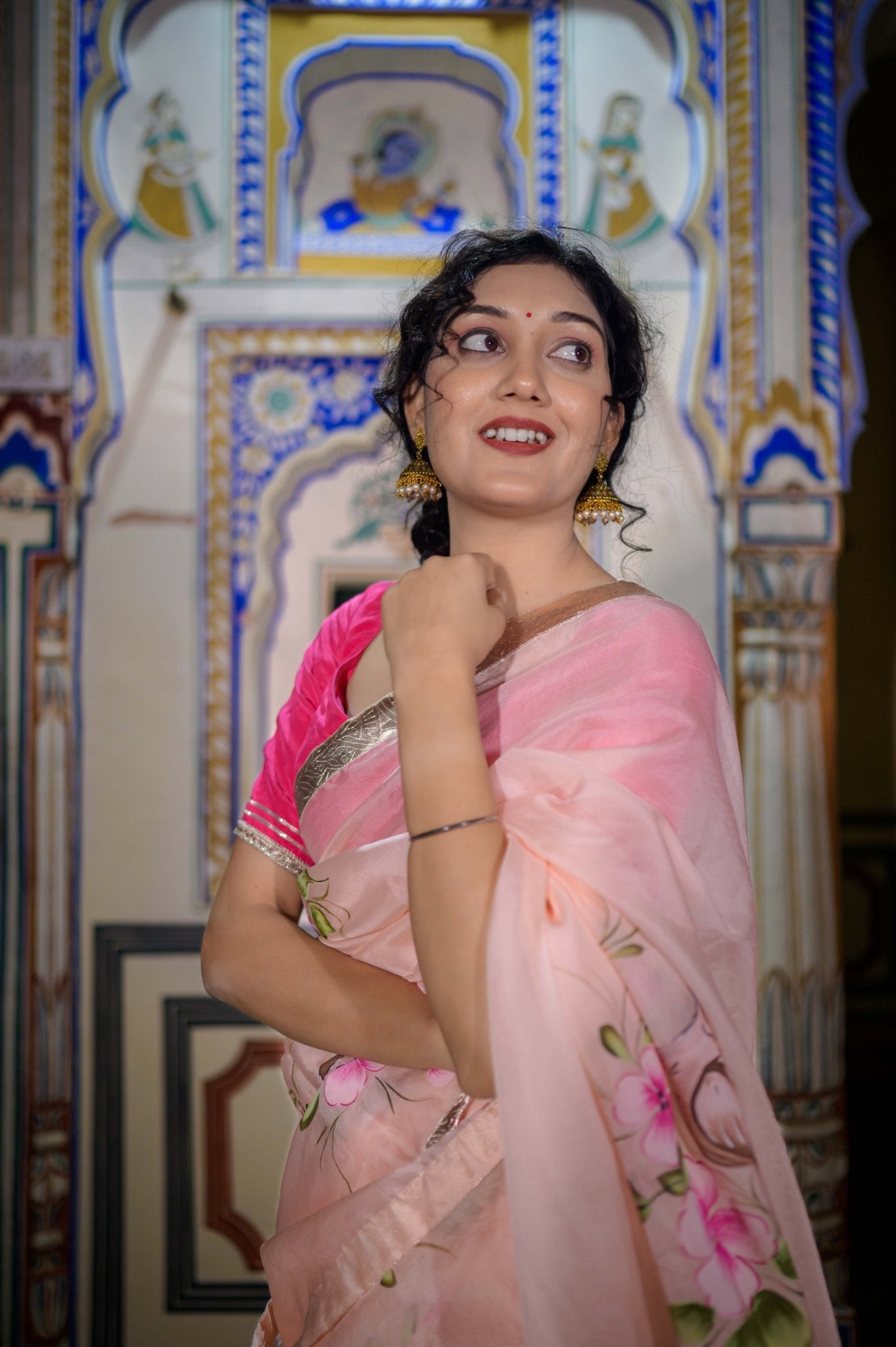 Goriya Peach Organza Saree - House of Baisa