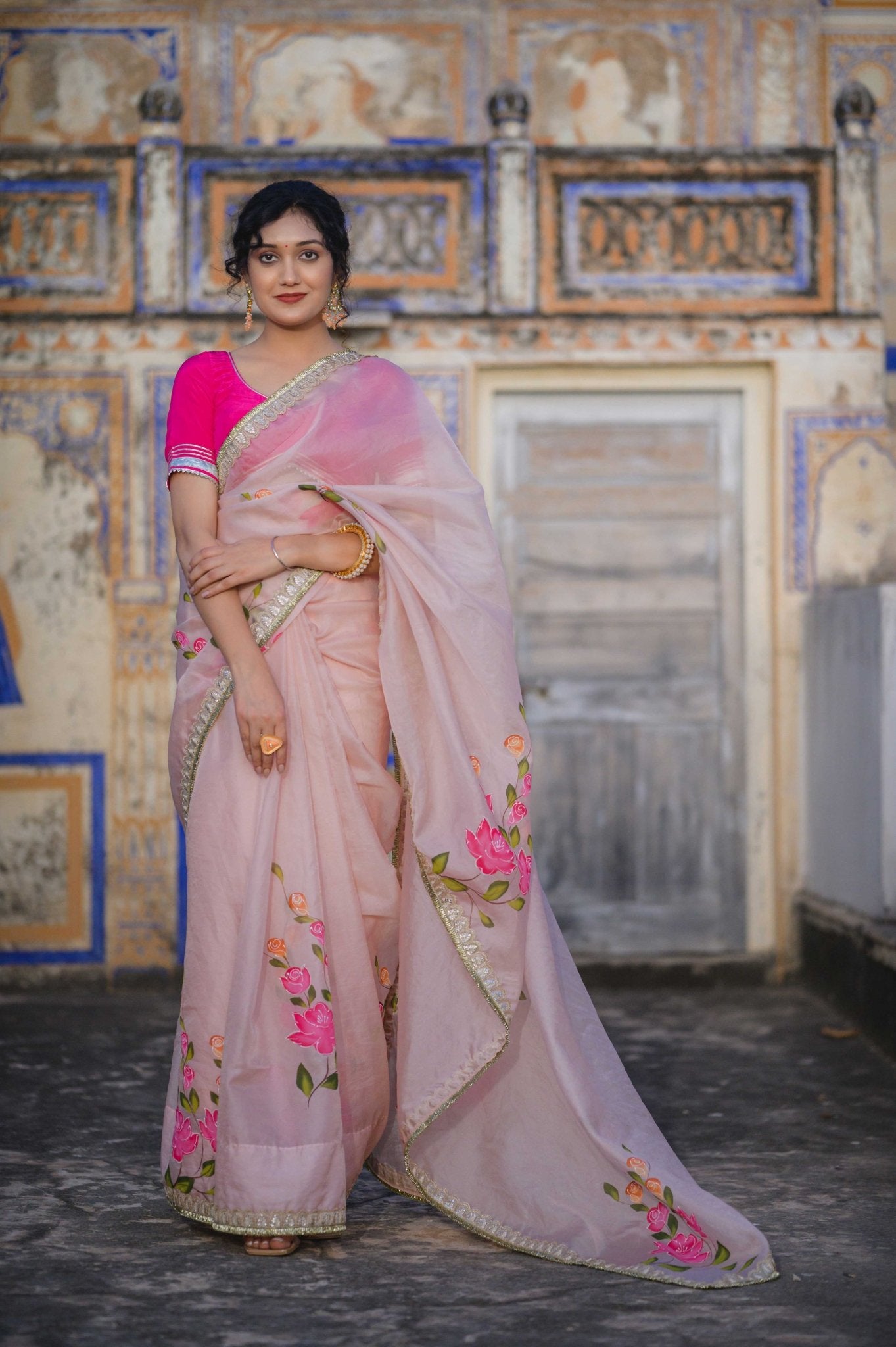 Gulmohar Pink Organza Saree - House of Baisa