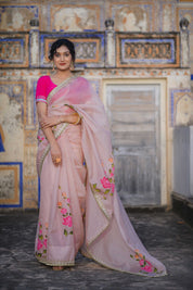 Gulmohar Pink Organza Saree - House of Baisa