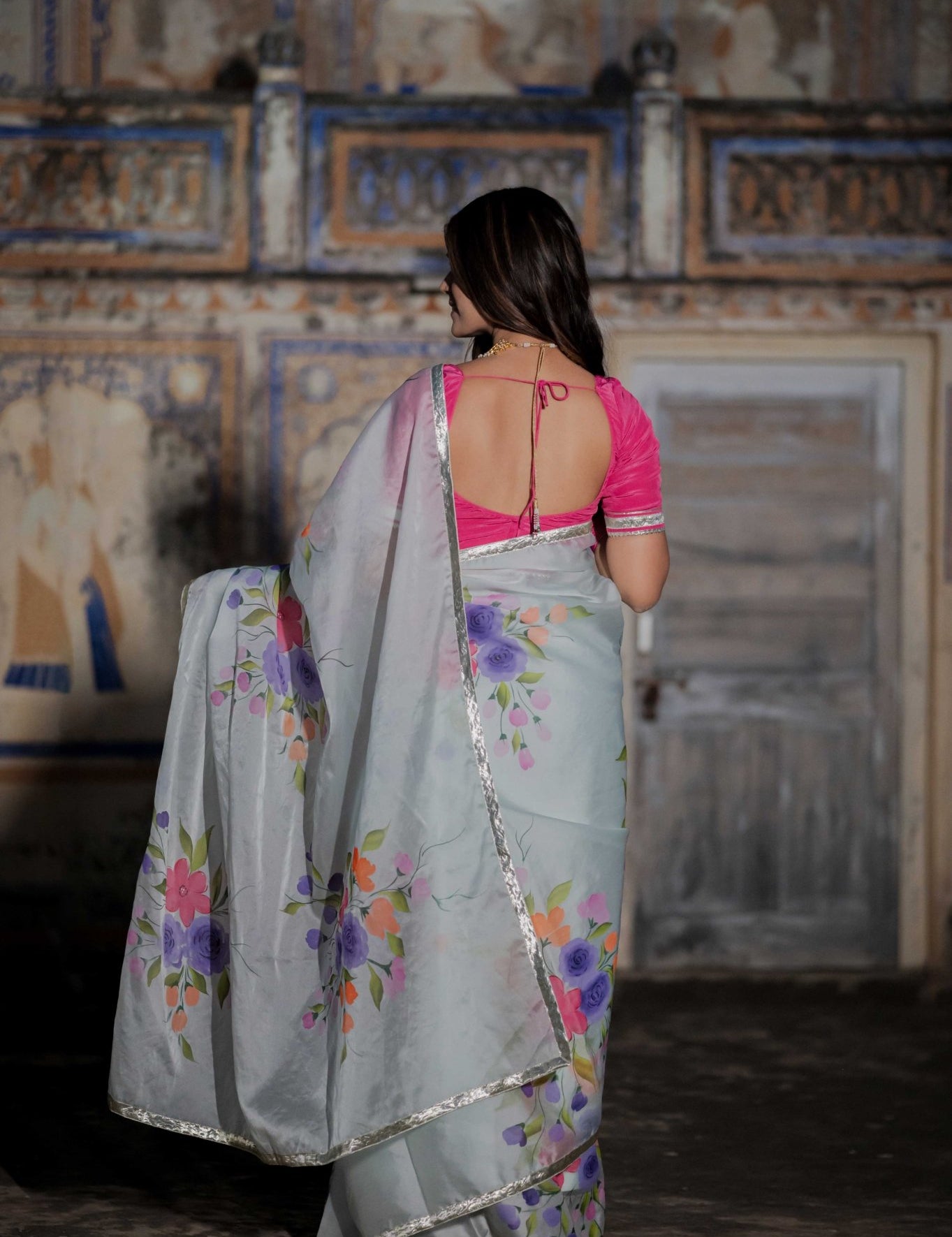 Hirva Pestal Blue Organza Saree - House of Baisa