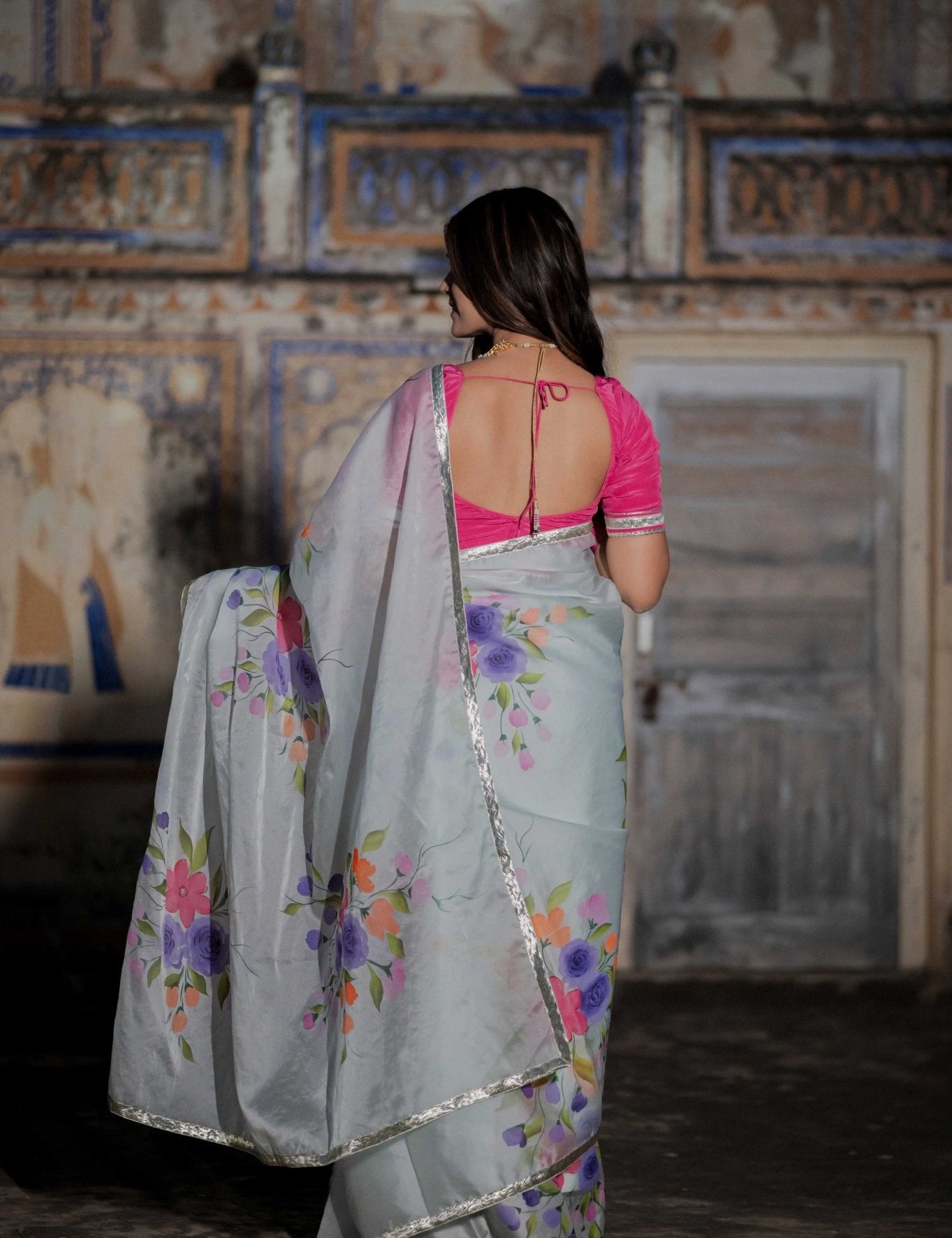 Hirva Pestal Blue Organza Saree - House of Baisa