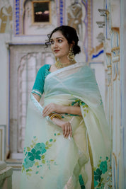 Kusum Sea Green Organza Saree - House of Baisa