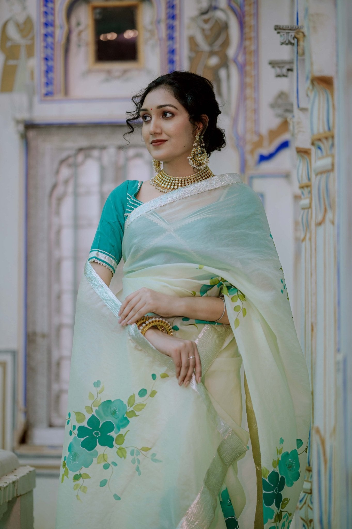 Kusum Sea Green Organza Saree - House of Baisa
