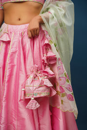 Back view of blouse and dupatta of pink lehenga set
