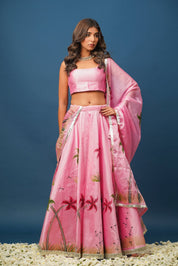 Mandakini Pink Lehenga | Graceful Floral Satin Set for Celebrations - House of Baisa